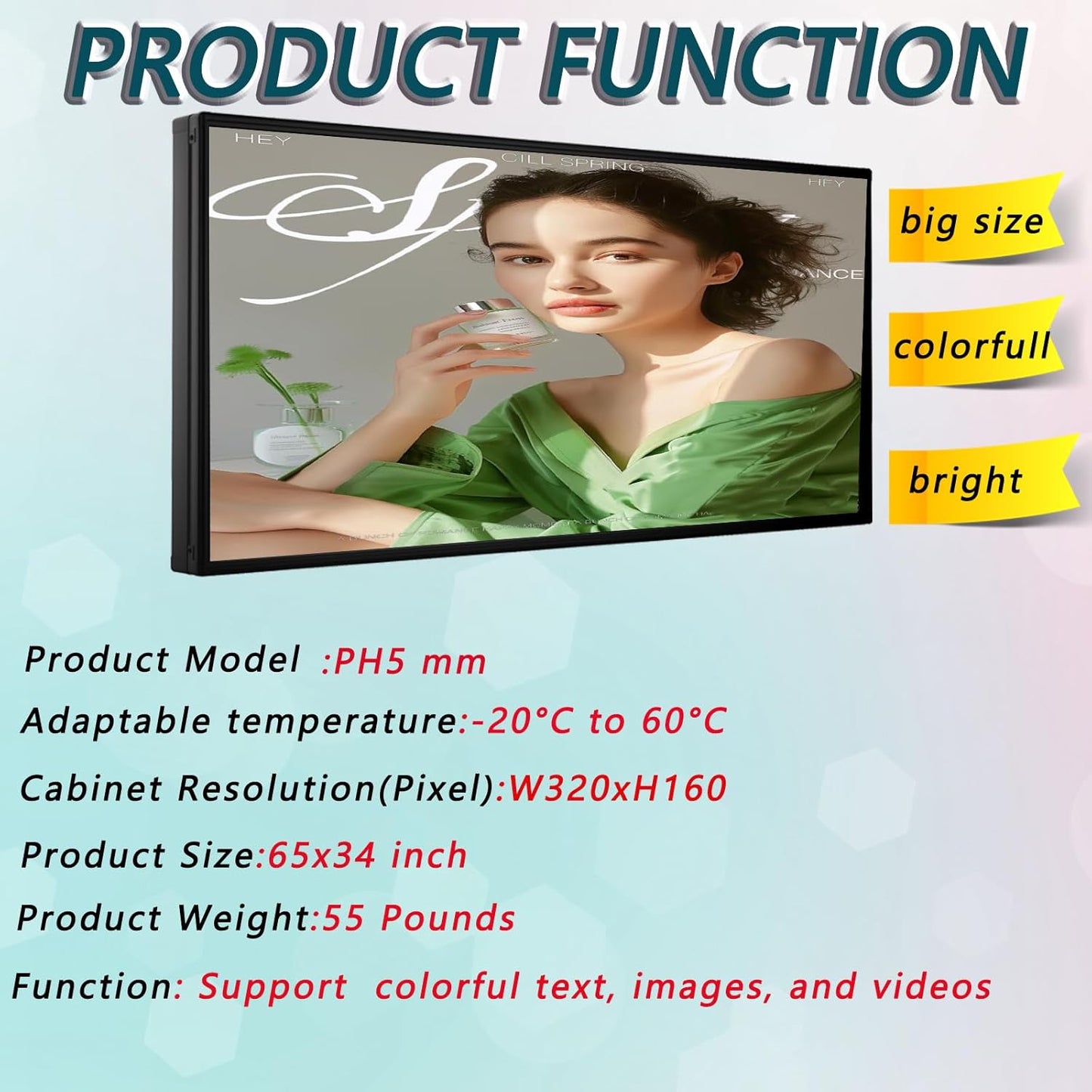 P5 Outdoor LED Sign 65"×34" – Full Color Scrolling Display Board with WiFi/USB Control, 320×160 High Resolution, IP65 Waterproof for Storefront Advertising