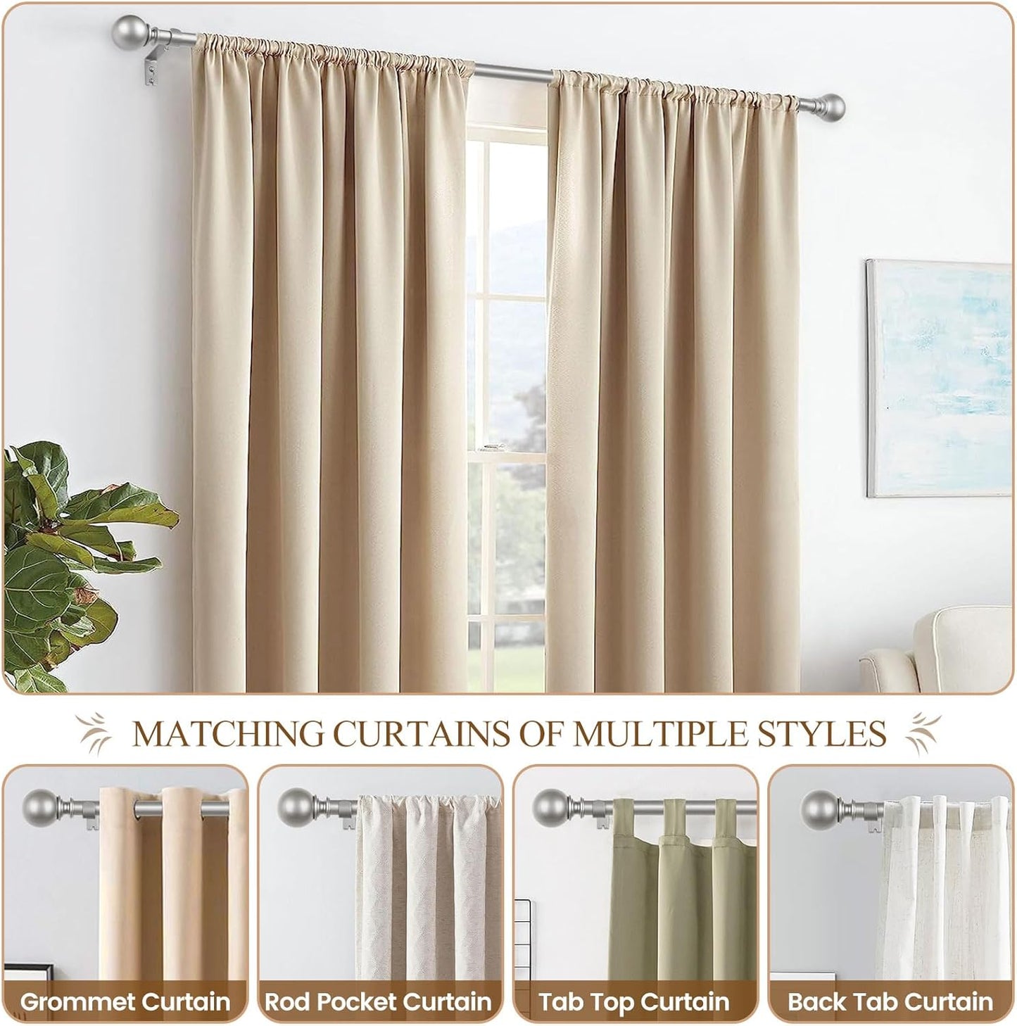 KAMANINA Curtain Rods for Windows 48 to 84 Inches, Antique Silver Curtain Pole 32 to 86 Inches (2.6-7.1ft), 7/8 Inch Decorative Drapery Rods with Round Finials