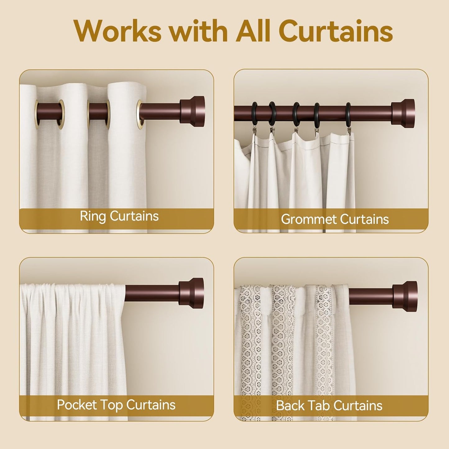 Curtain Rod 32-118 Inch, Heavy Duty 1 Inch Adjustable Curtain Rods for Windows, Antique Bronze Long Window Treatment Rods, Modern Design, Easy Installation