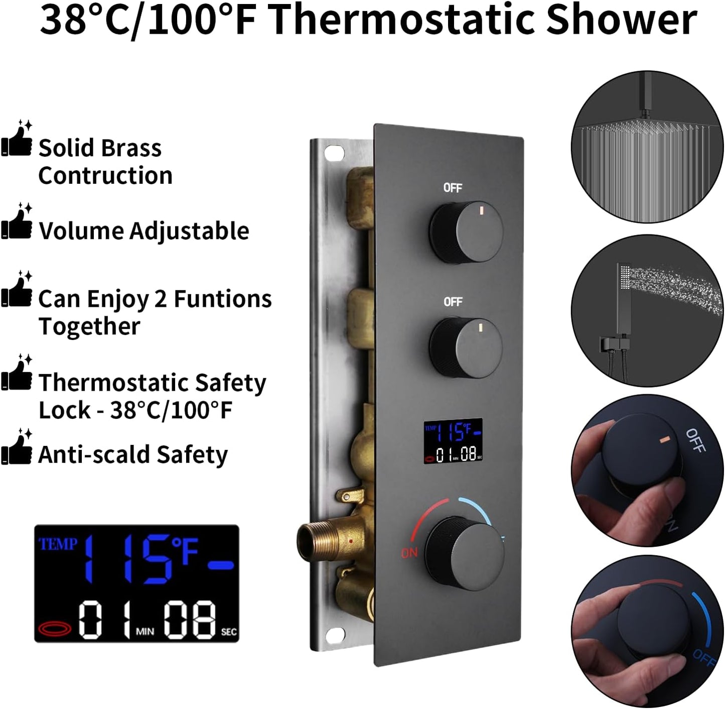 2 Way Shower Diverter Valve Brass 2 Functions Digital Temperature Display Thermostatic Shower Mixing Valve Kit 3 Handle Flow Cotrol Valve, Can Run Simultaneously Matte Black