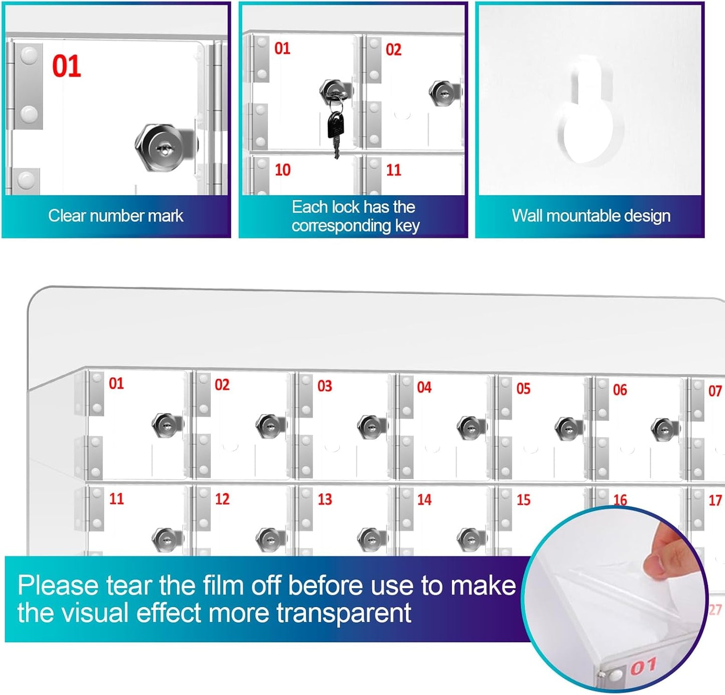 100 Slots Clear Acrylic Cell Phone Locker Box Wall-Mounted with Keys, Lockable Secure Storage Cabinet for Classroom Office Gym, Multi-Use Phone Lock Organizer for Employees Students (Large)