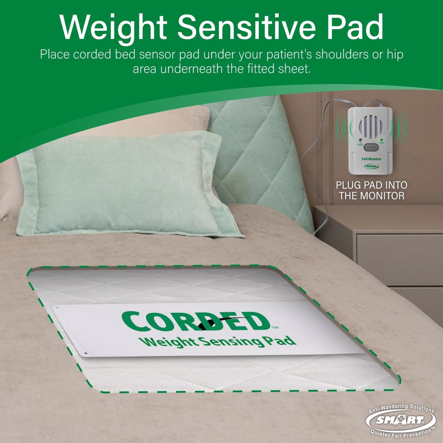 Smart Caregiver Bed Alarm for Elderly Adults – Fall Prevention System with 10"x30" Weight-Sensing Bed Pad – Automatically Alerts Caregiver When They Get Up