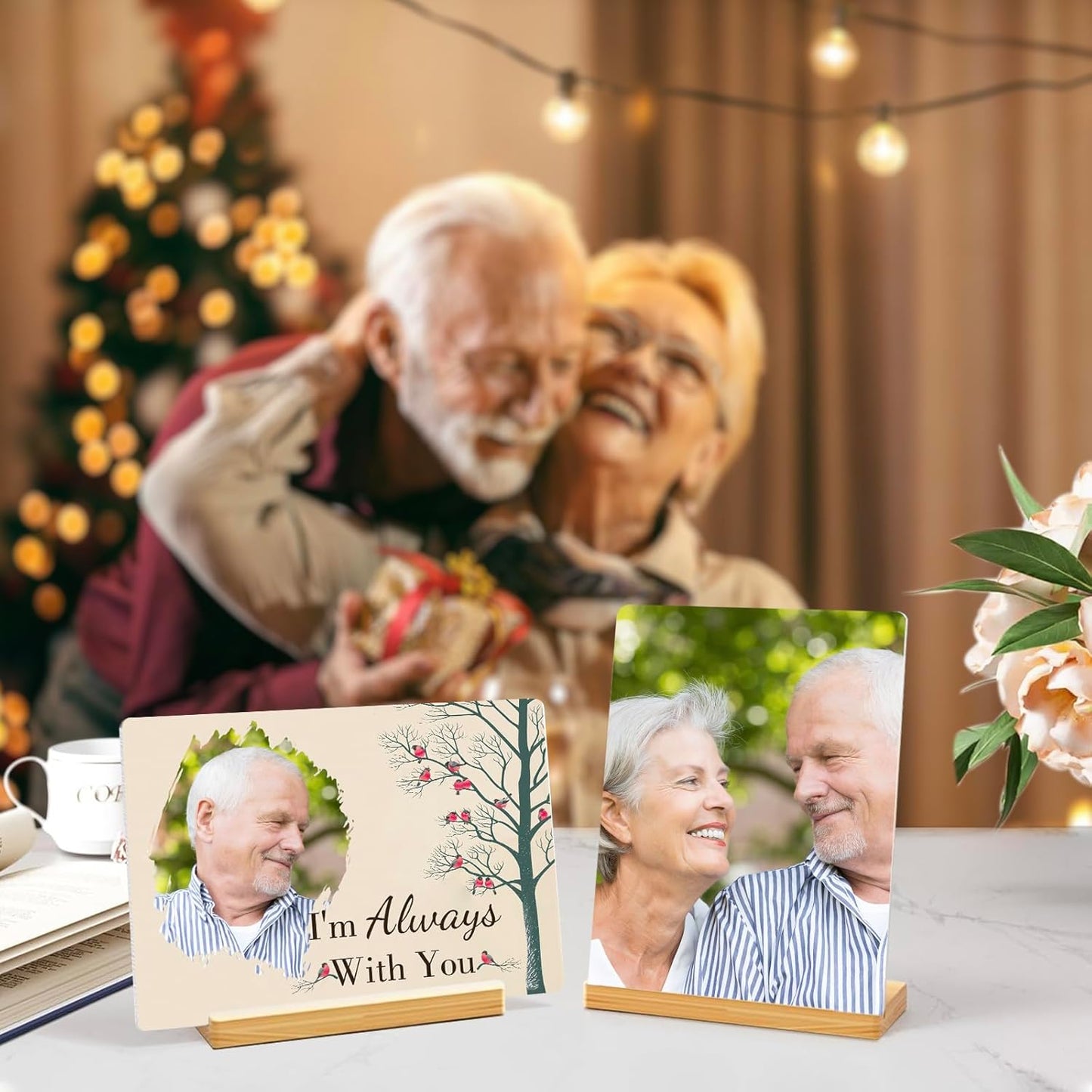 Custom Photo Prints - Metal Desktop Picture Frame with Photos & Text & Wooden Base Personalized Gifts for Family Lovers Pets and Friends, Optional Multiple Sizes