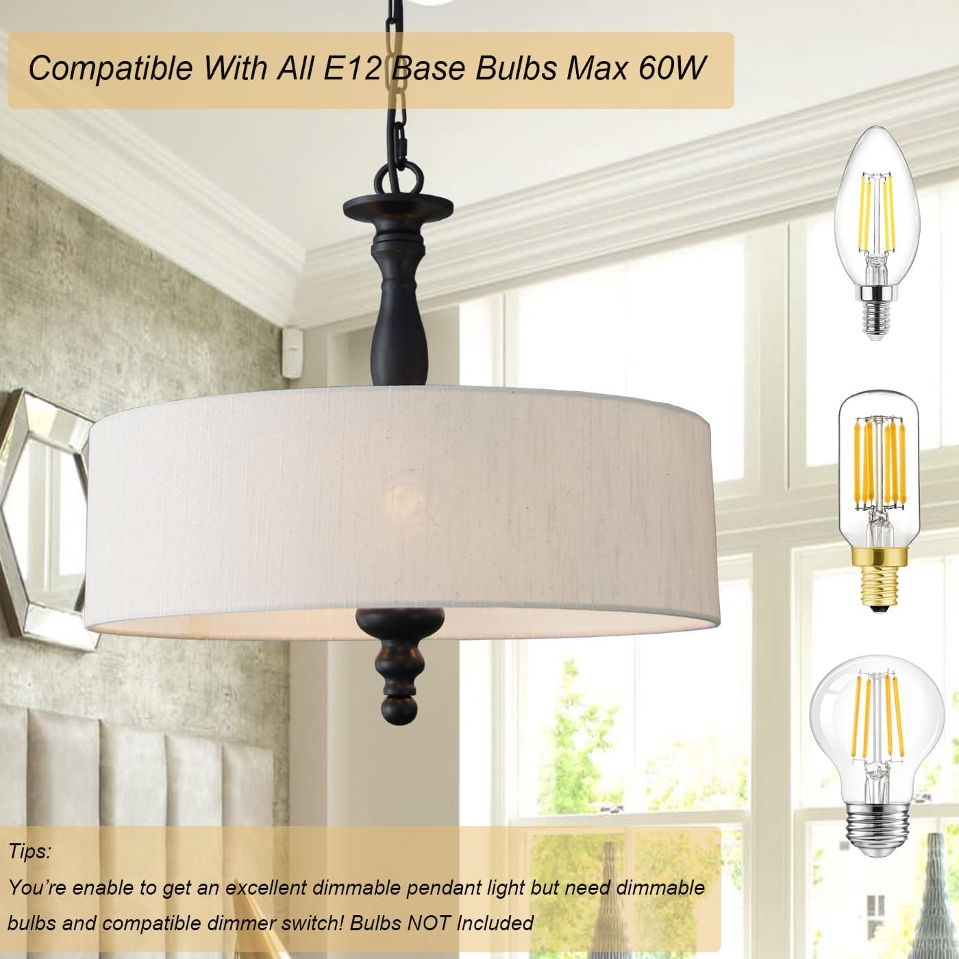 4 Light Drum Chandeliers, Beige Linen Drum Pendant Lighting Fixture with Black Metal Rod Adjustable Hanging Chain Ceiling Lights for Kitchen Island Dining Table Entryway Dia 17.3inch