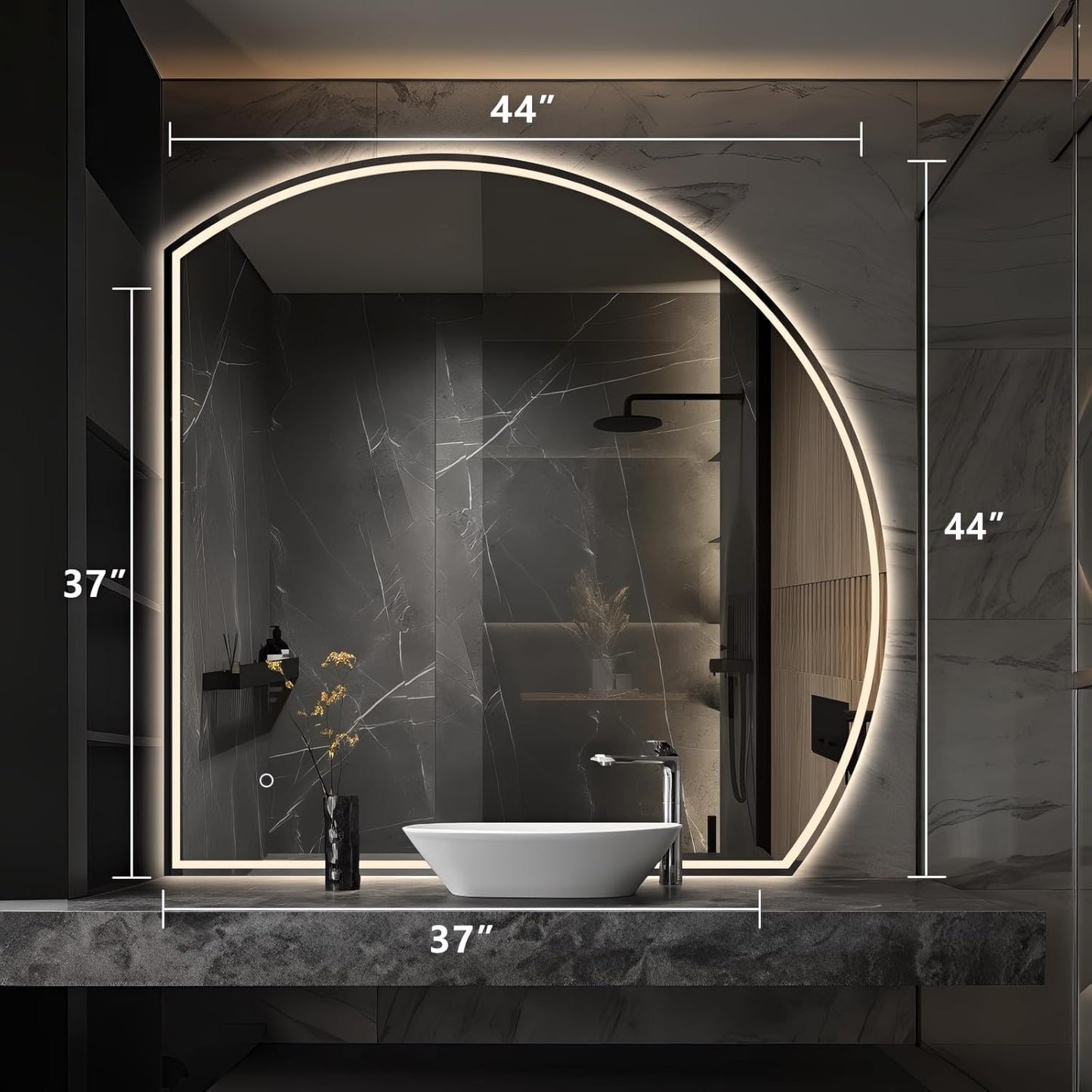 Niccy Half Moon Led Mirror for Bathroom, 44" Semi Round Backlit Mirror for Wall Lighted Mirror with Frameless 3 Color, Defogger, Explosion-Proof, HD Glass and IP65 Vanity Mirror