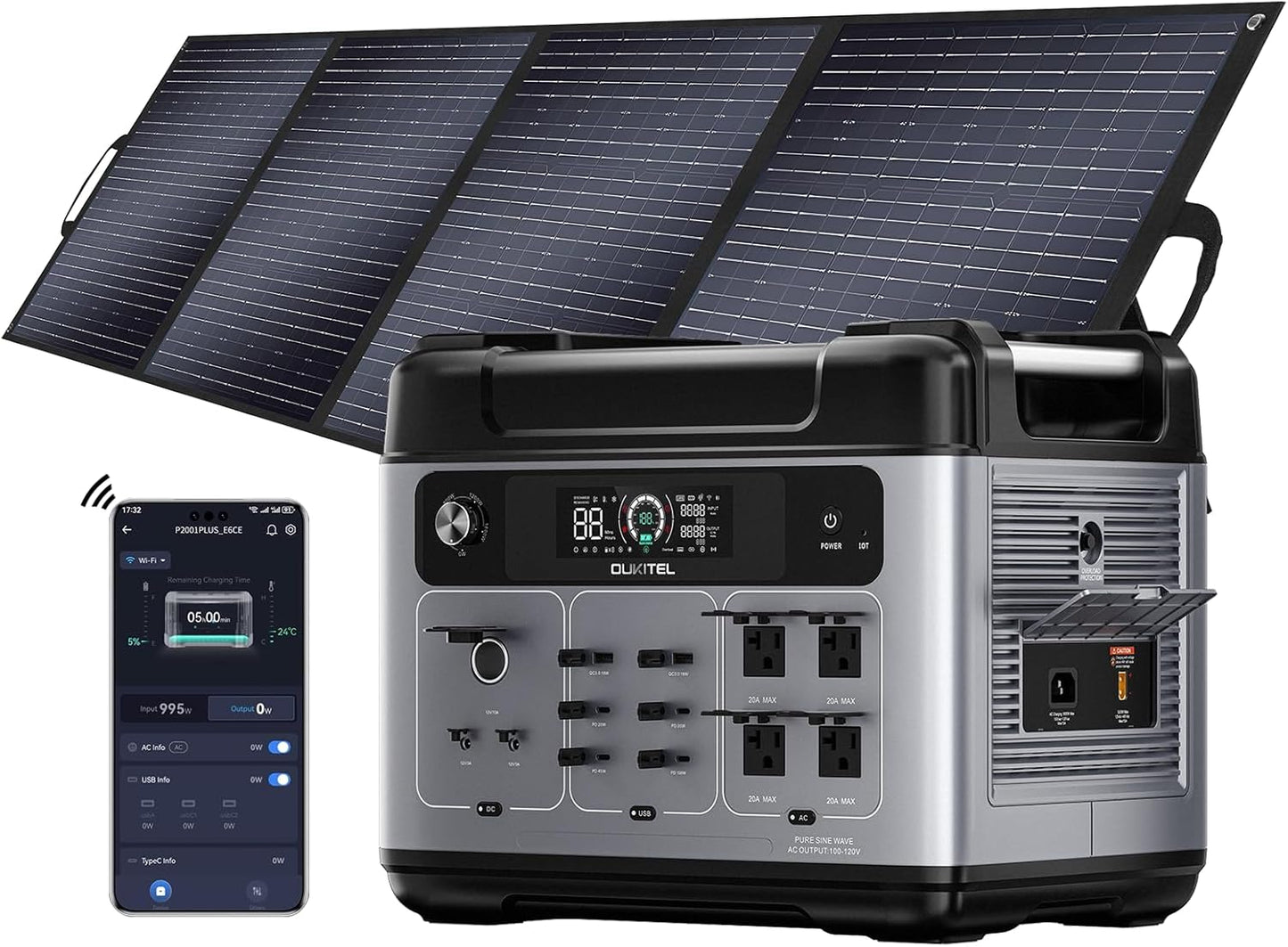 OUKITEL P2001 Plus 2400W Power Station with 200W Solar Panel, 2048Wh Solar Generator with 4 AC Outlets (5000W Peak), 1.5H Full Charging, APP Control Battery Backup for Home, Camping & RVs