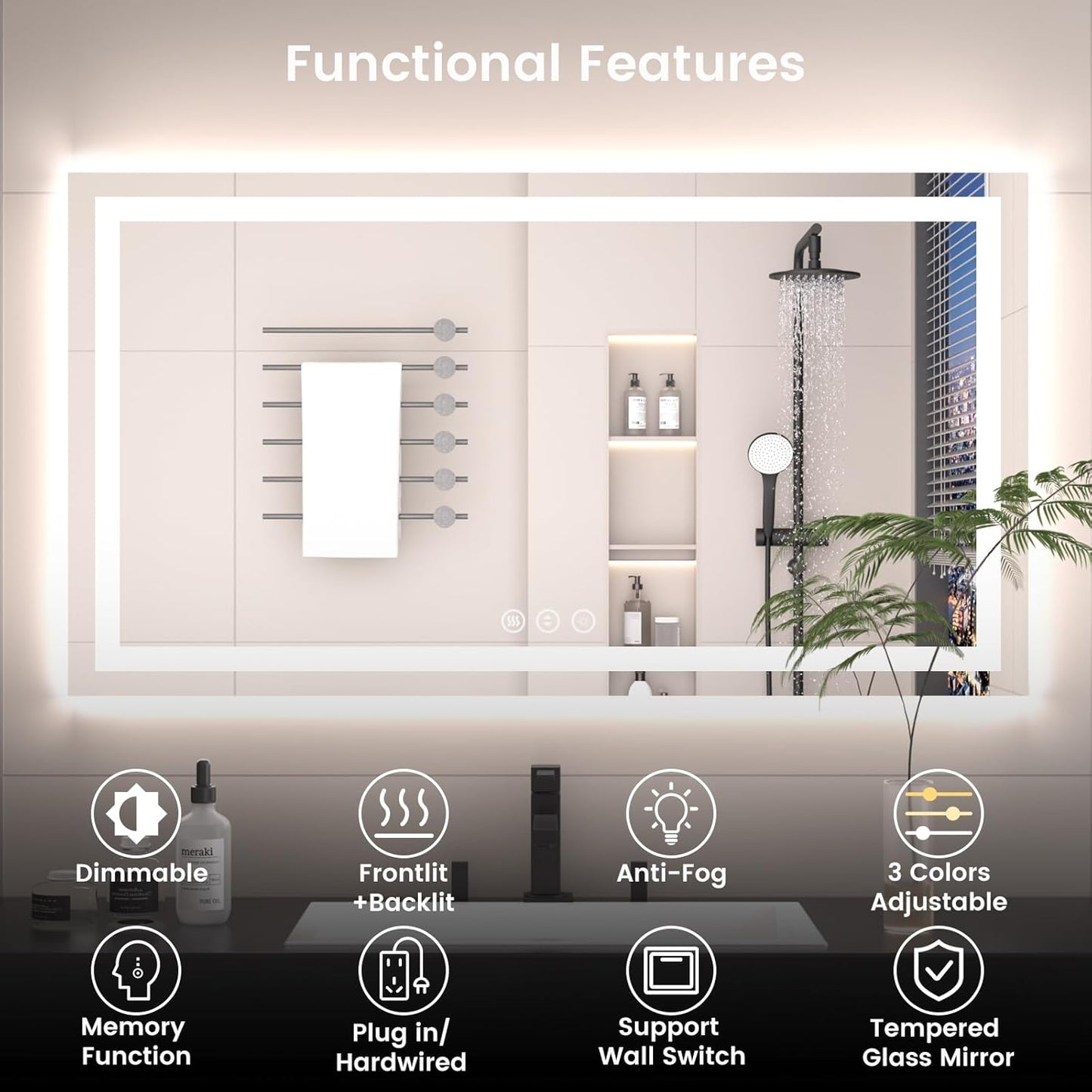 55X36 LED Bathroom Mirror with Lights, Anti-Fog, Backlit + Front Lit, Lighted Bathroom Vanity Mirror for Wall, Memory Function, Dimmable, Tempered Glass, Shatter-Proof