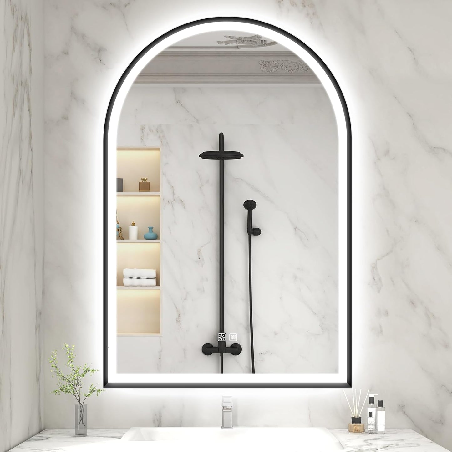 S'bagno 24x36 Arched Black LED Mirror for Bathroom with Frontlit & Backlit, LED Bathroom Mirror with Metal Frame, Anti-Fog, Stepless Dimmable, 3 Color Temperature Vanity Mirror
