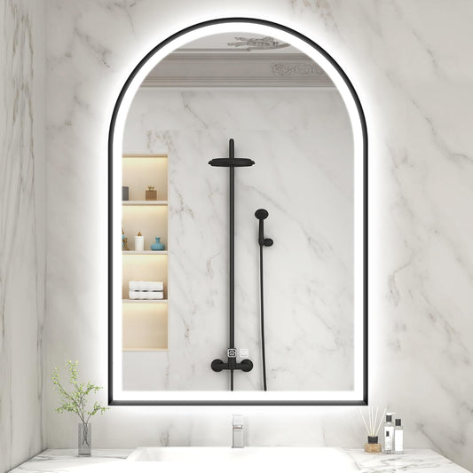 S'bagno 24x36 Arched Black LED Mirror for Bathroom with Frontlit & Backlit, LED Bathroom Mirror with Metal Frame, Anti-Fog, Stepless Dimmable, 3 Color Temperature Vanity Mirror