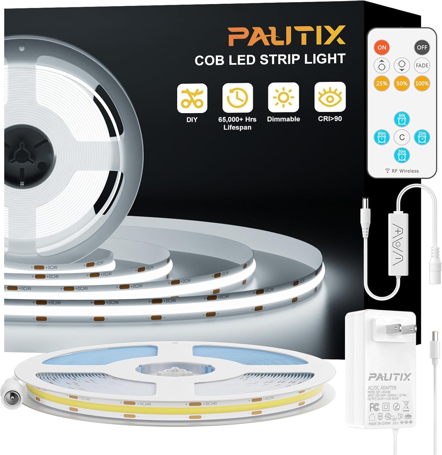 PAUTIX COB LED Strip Light 32.8ft,LED Lights UL-Listed Daylight White 6000K Strip Lights with RF Remote,Dimmable Super Bright 24V Cool White Natural White LED Tape Lights,Cabinet Office Lighting