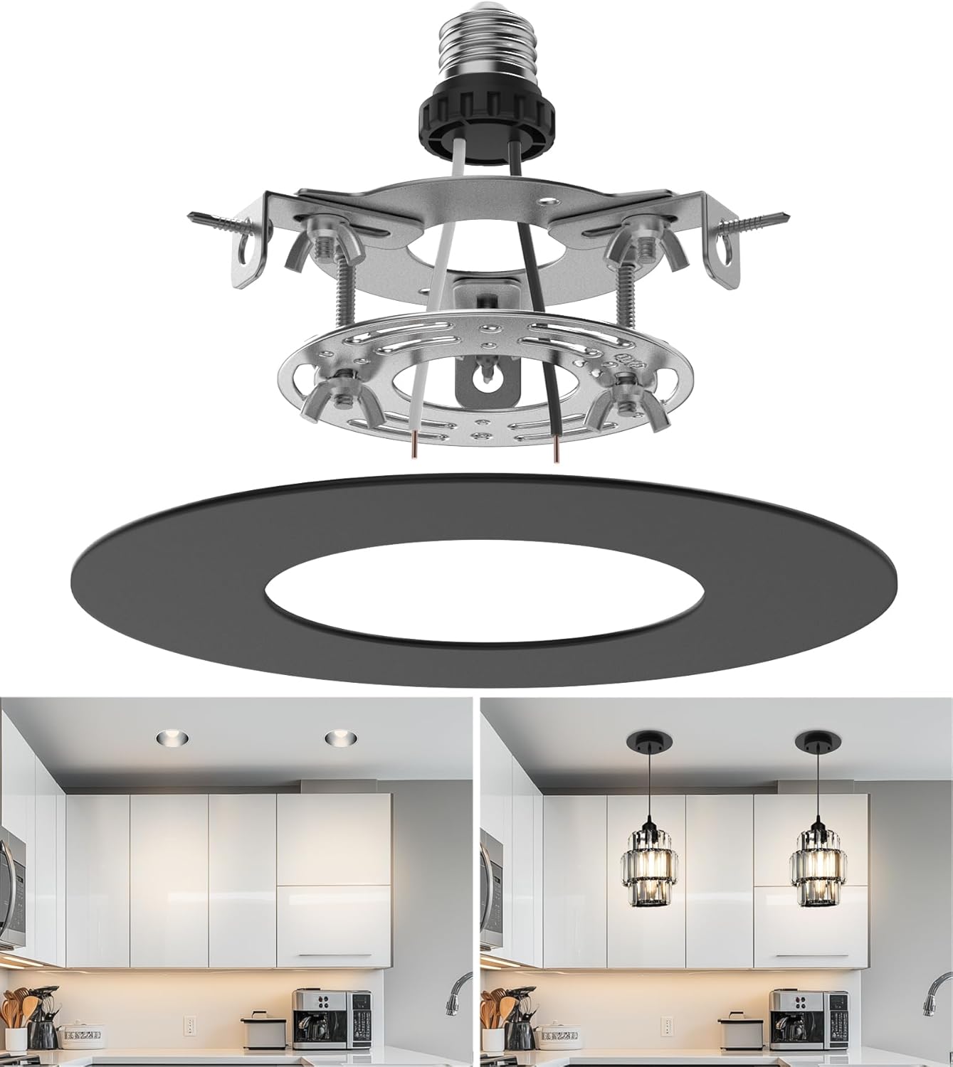 Recessed Can Light Conversion Kit for 5" and 6" Ceiling Fixtures - Pendant/Hanging Light Upgrade, Compatible with Ceiling Fans, Includes 7¾" Flat Steel Medallion, Black Finish