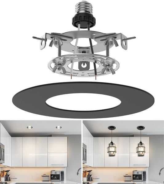 Recessed Can Light Conversion Kit for 5" and 6" Ceiling Fixtures - Pendant/Hanging Light Upgrade, Compatible with Ceiling Fans, Includes 7¾" Flat Steel Medallion, Black Finish
