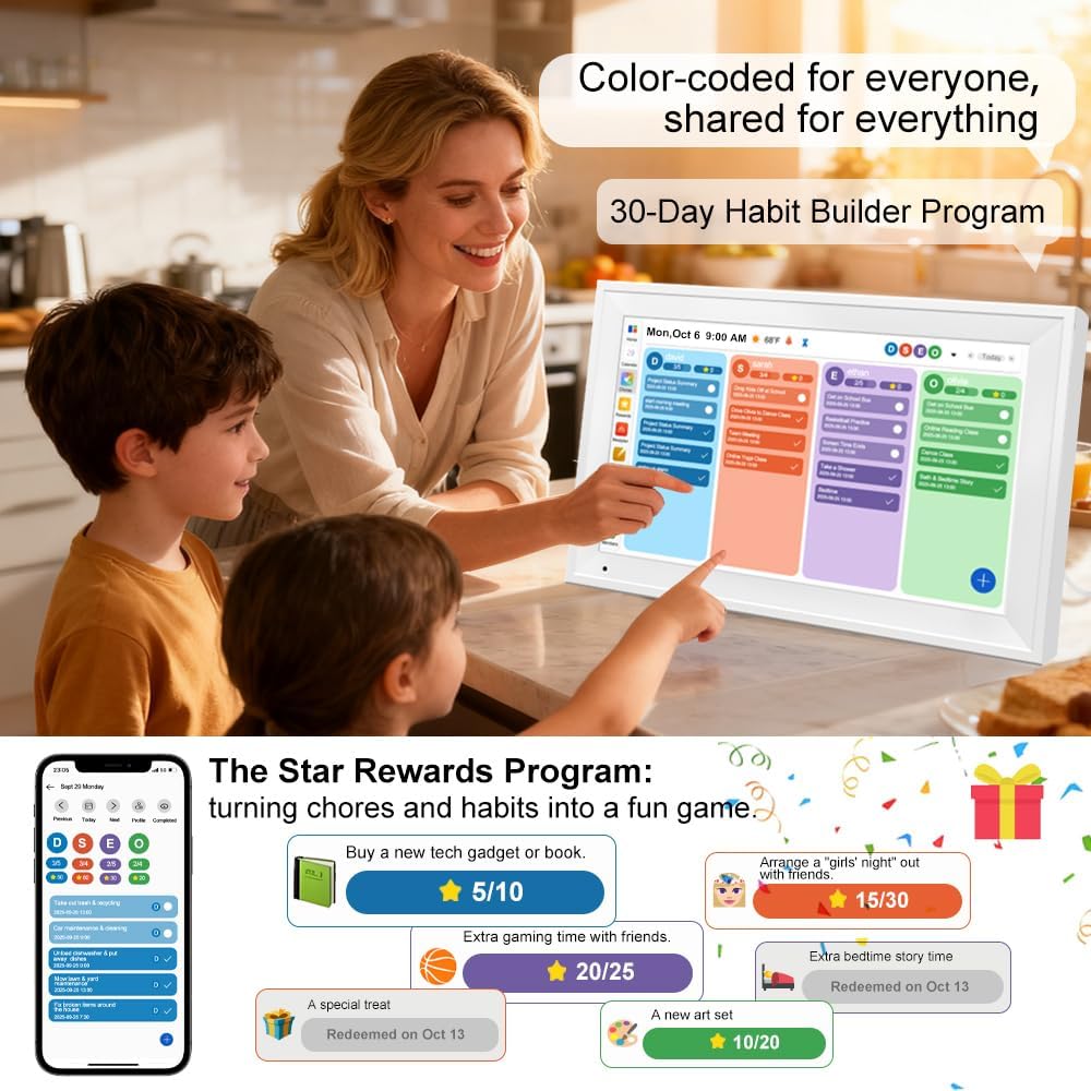 Digital Calendar Planner Interactive Touchscreen Chore Chart Smart Schedule Meal Plan Family Photo Display Sync Calendar Wall & Desk Mountable (15.6 inch)