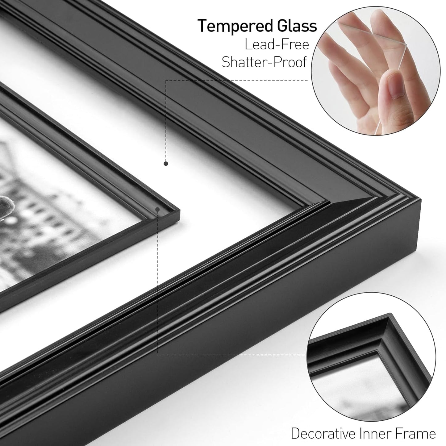 Yaetm 6x8 Black Picture Frame with Decorative Inner Frame & Tempered Glass, Display 4x6 Photos with Mat - Portrait or Landscape - Tabletop & Wall Mount for Office & Home Décor (Black, 2 Pack)