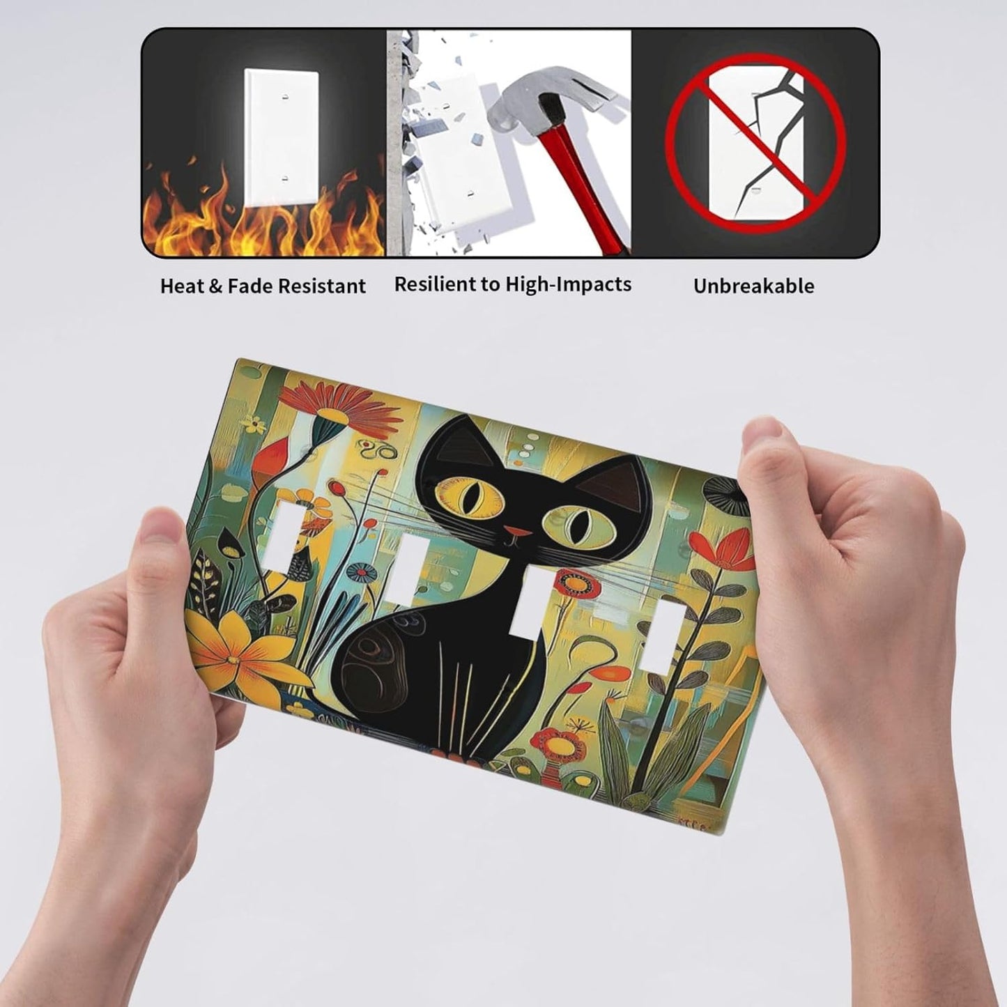 Funny Cat Retro Abstract Flowers Kitten Light Switch Covers Quad Toggle Electrical Faceplate 4 Gang Wall Plate Decorative Switch Plates For Kids Room Bed Room Decor