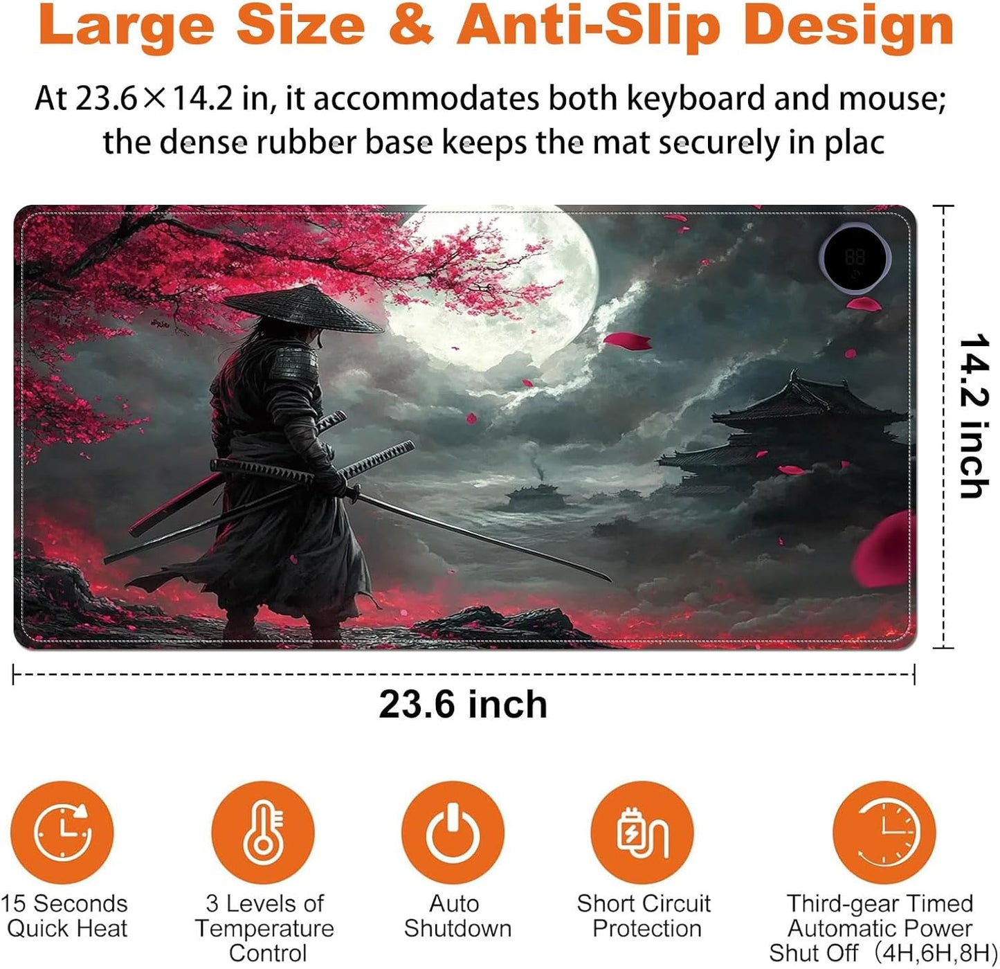 Small Heated Desk Pad 23.6" x 14.2" – Compact Electric Mouse Pad with 3 Heating Levels, Auto Shut-Off, Waterproof PU Surface, Plug-in Warmer for Office or Home Use, Samurai