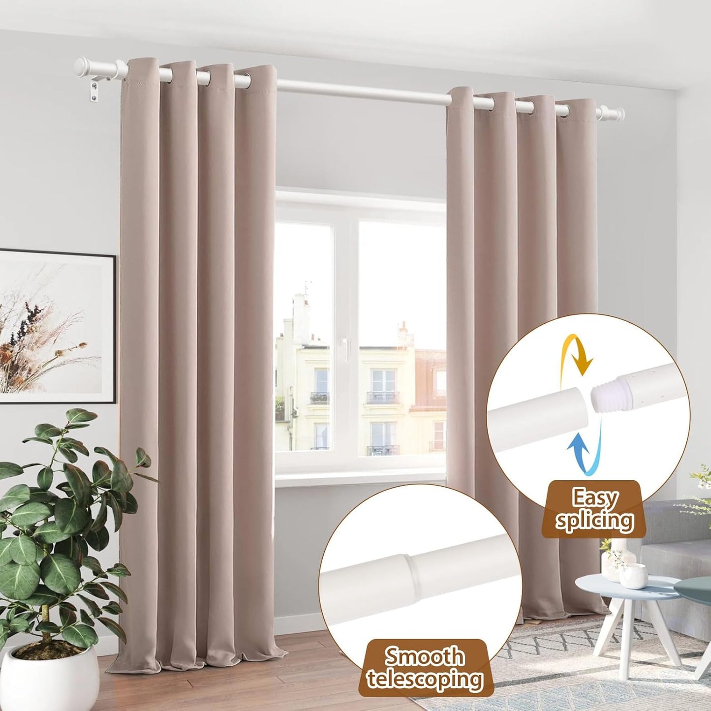 TONIAL Curtain Rod 32 to 86 Inch, Telescoping Splicing 3/4 Drapery Rods for Windows Decorative Single Rod with Small Cap End, Warm White