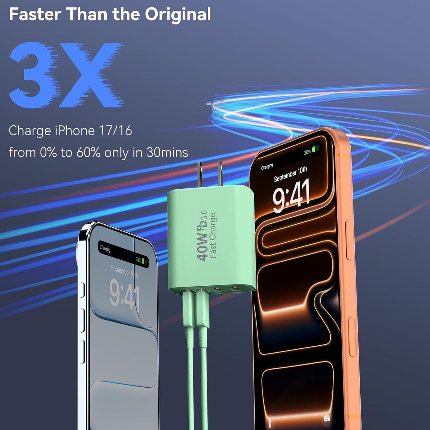 USB C Wall Fast Charger Block, 40W 4-Port Type C Chargers Fast Charging Blocks PD Power Charger Adapter+QC 3.0 USB Multiport Charger Brick for Phone 17/16/15/14/13/12 Pro Max, i-Pad, Galaxy S25-2Pack