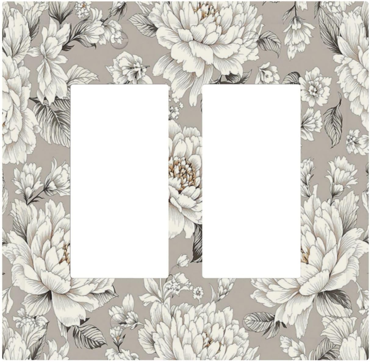 White Poppies Floral Modern Grey Peonies Flowers Decorative Outlet Covers 2 Gang Double GFCI Rocker Light Switch Cover Plate Electrical Wall Panels for Bedroom Bathroom Decor