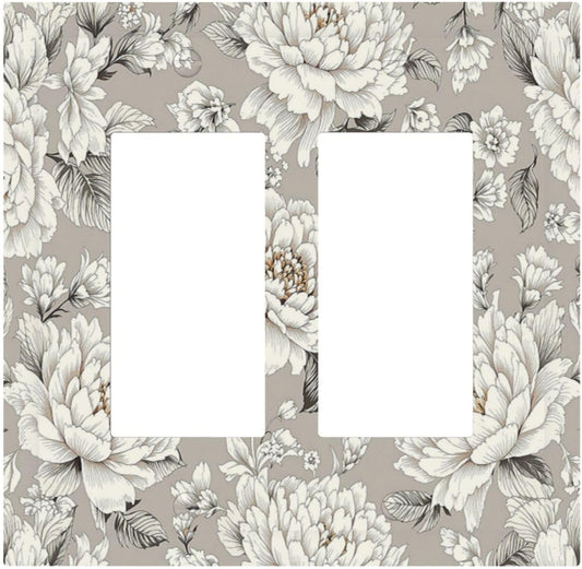 White Poppies Floral Modern Grey Peonies Flowers Decorative Outlet Covers 2 Gang Double GFCI Rocker Light Switch Cover Plate Electrical Wall Panels for Bedroom Bathroom Decor