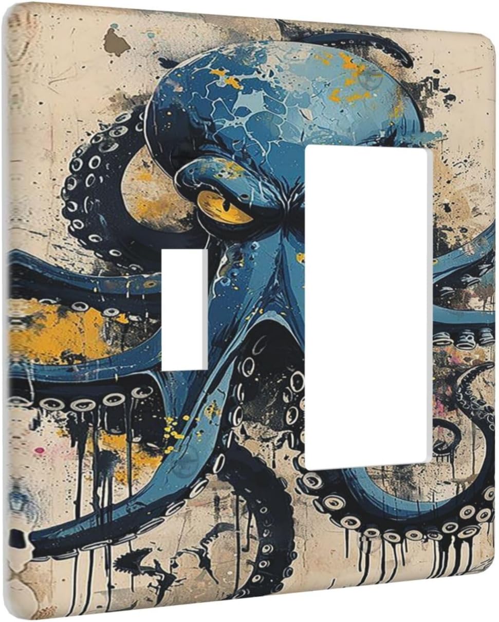 Outlet Covers Nautical Vintage Blue Octopus Yellow Eyes Oil Watercolor 1 Toggle 1 Rocker Combination Decorative Wall Plate Electrical Switch Plates Light Switch Cover Plate for Kids room