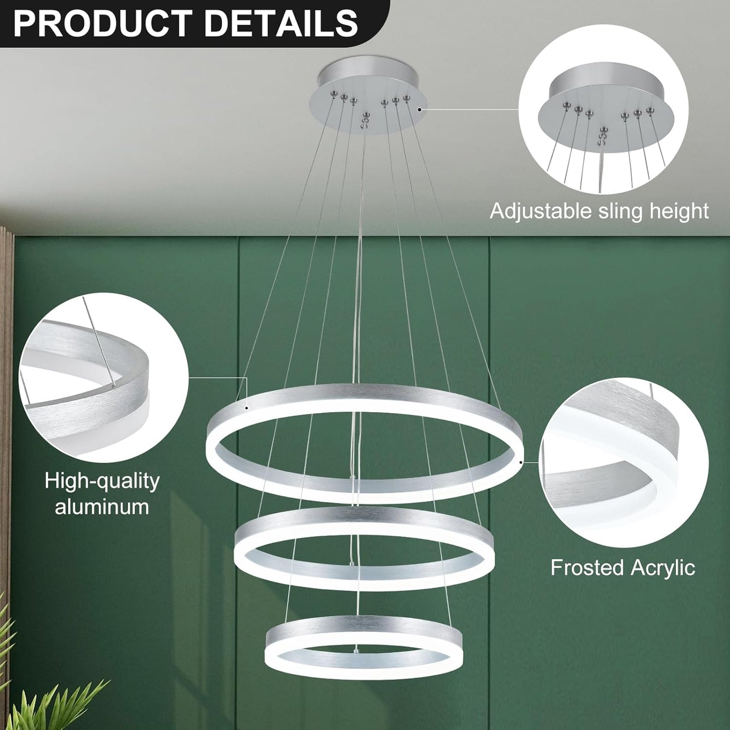 Buccleuch Modern LED Chandelier - Dimmable 19.7" Silver Round Pendant Light, Height Adjustable UL-Certified Ceiling Light for Dining Room, Kitchen Island, Living Room, Bedroom, Foyer