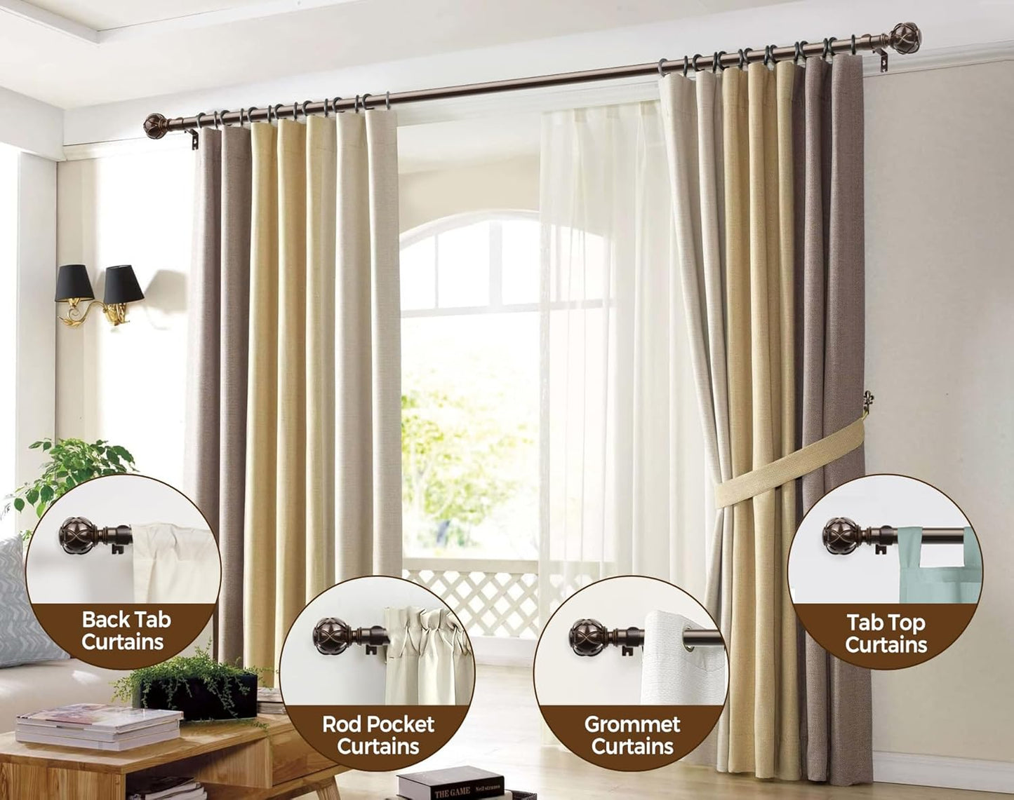 KAMANINA Single Curtain Rod 32 to 58 Inch(2.6-4.8Ft), 7/8 Inch Antique Bronze Adjustable Drapery Rod for Windows, Decorative Netted Texture End
