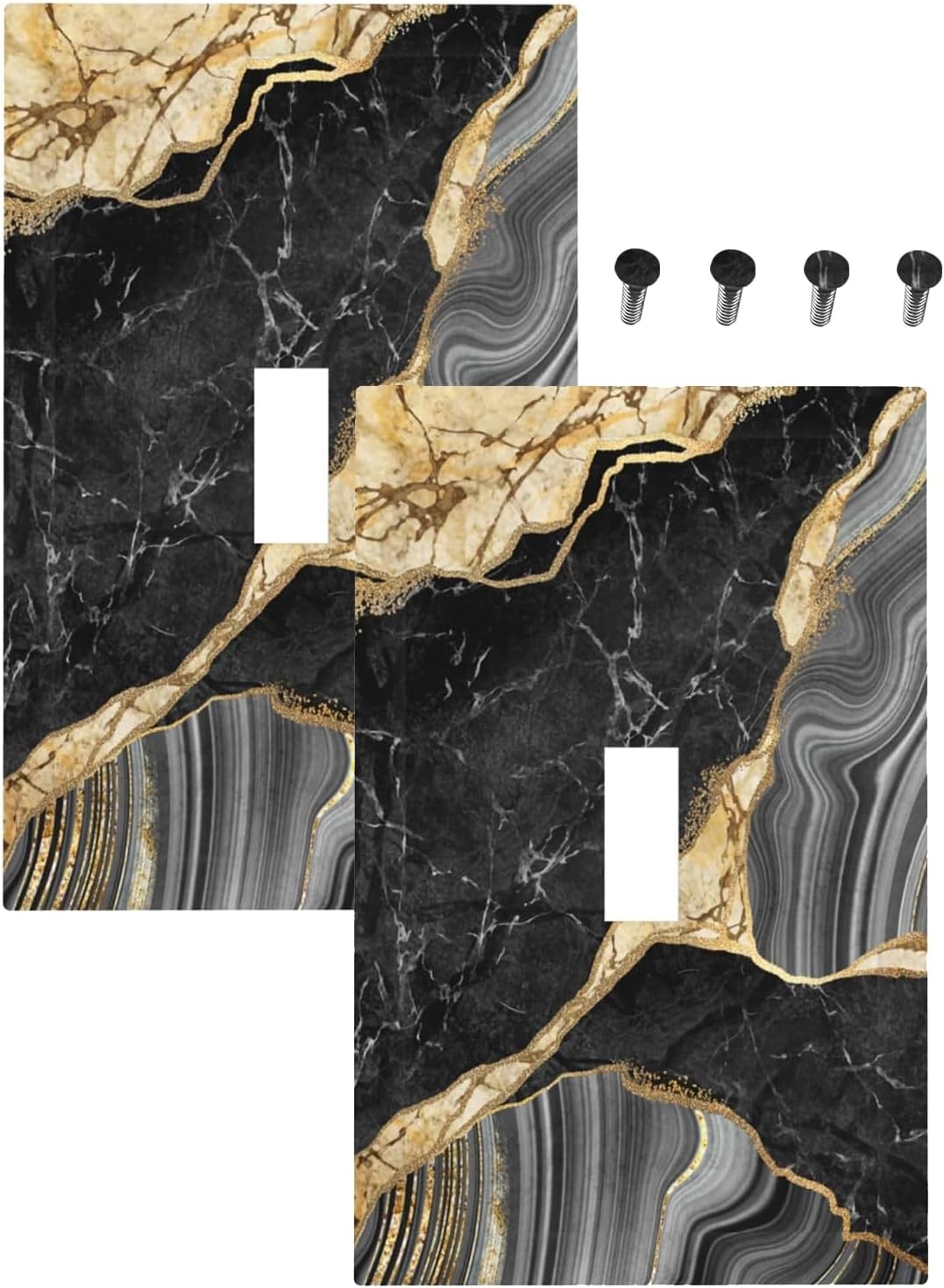 Decorative Light Switch Plate Covers Modern Abstract Black Gold Marble 1 Gang Light Switch Cover Plate Single Toggle Wall Plate Outlet Covers Faceplate for Bathroom Decor （2 Pack）