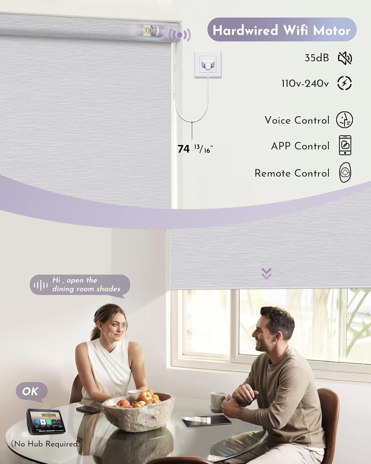 Graywind Smart Blackout Roller Shades Compatible with Alexa Google WiFi Hardwired Textured Gleaming Fabric Motorized Blinds Remote Window Shades, Custom Size (Striped Light Grey)