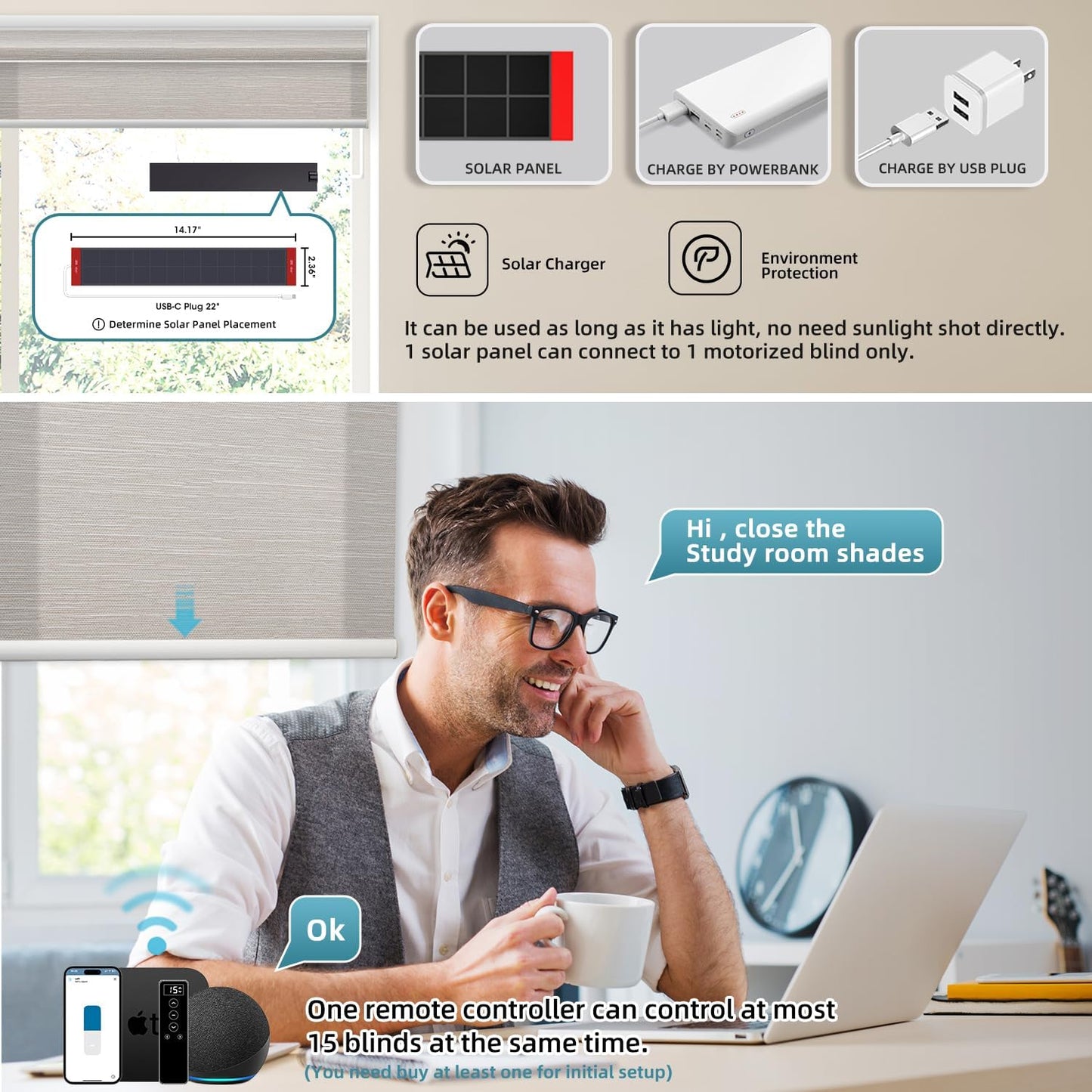 SmartWings Motorized Light Filtering Shades, 70% Blackout, Custom Size, Rechargeable Battery, Works with Matter/Apple HomeKit, Alexa, Thread/Zigbee, Remote Optional, 70% Essential Cream