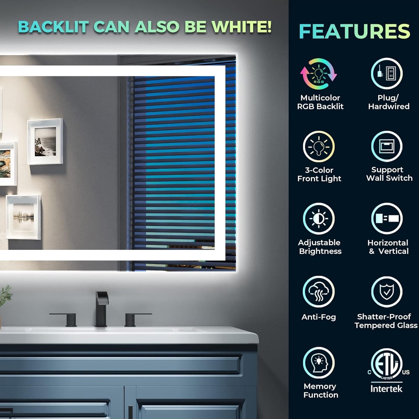 96x36 Inch RGB LED Bathroom Mirror Front Light and RGB Backlit Lighted Vanity Mirror for Bathroom Wall Mounted Dimmable Anti Fog Memory Shatter-Proof IP54 Waterproof Horizontal/Vertical