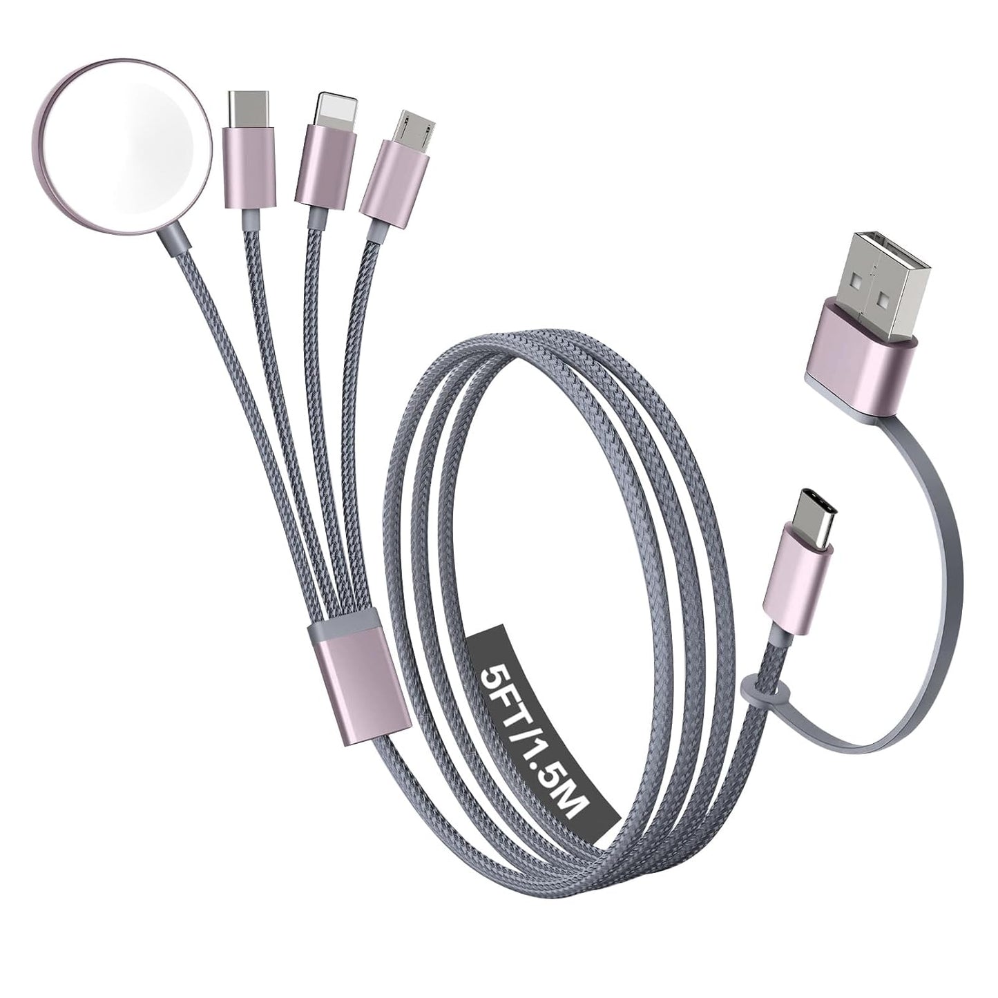 Travel Essentials, 4 in 2 Multi Charging Cable for Apple Watch Charger/iPhone Charger,USB C Cable Cord for iPhone 17-11/iWatch Ultra/10-2/Galaxy S25-S20, Android Phones, Kindle, MP3-Grey,5FT