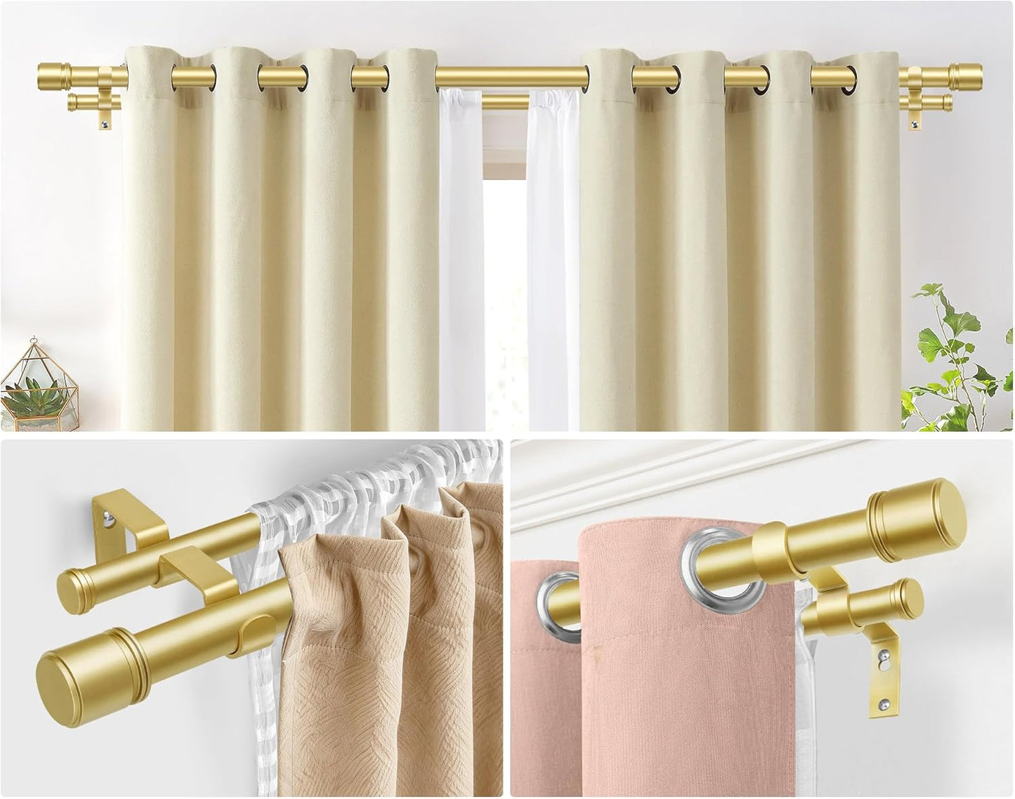 Double Curtain Rod 36 to 72 Inch, HOTOZON 1 Inch Heavy Duty Double Curtain Rods for Windows 24 to 68 Inches(2-5.6 ft), Telescoping Drapery Rod with Simple End Finials, Gold