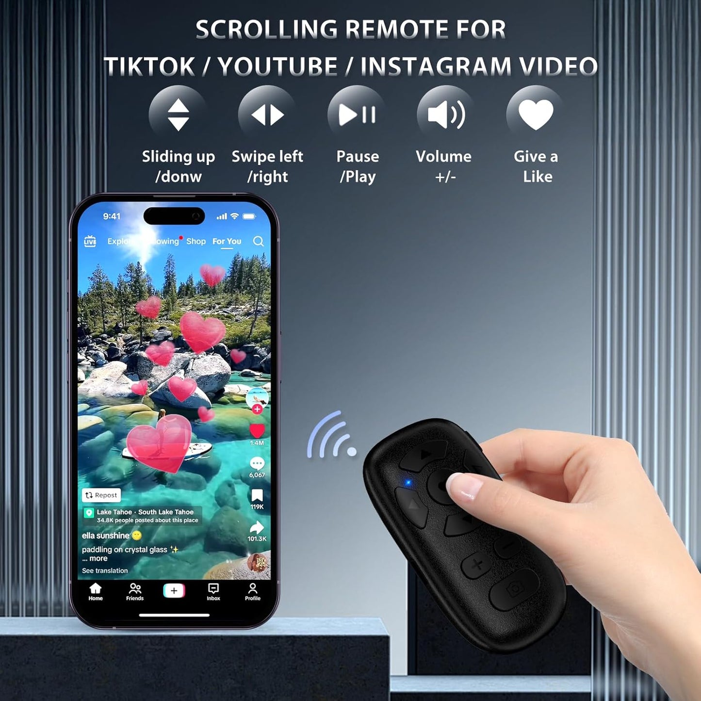 TikTok Scrolling Remote Control for iPhone and Android Smartphones, Bluetooth Page Turner for Kindle App, Camera Photo and Video Clicker for iPhone, and Samsung Neck Strap Included.(Black)