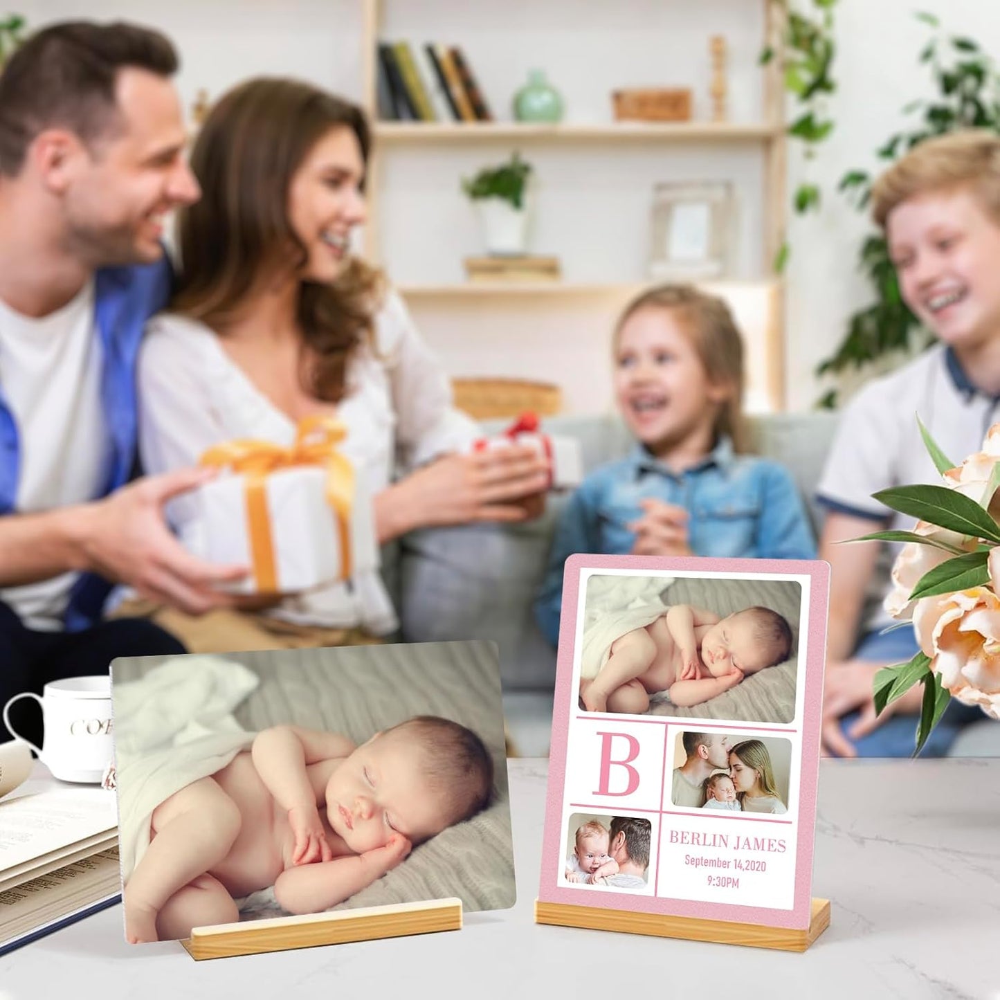 Custom Photo Prints - Metal Desktop Picture Frame with Baby's Photos & Name & Wooden Base Personalized Newborn Memorial Gifts for Family Friends and Lovers, Optional Multiple Sizes