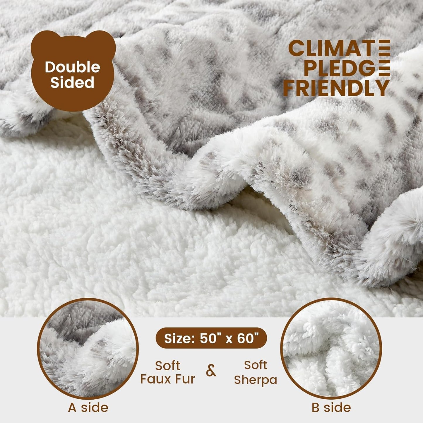 Bearhug Electric Heated Throw Blanket 50" x 60", Reversible Faux Fur & Sherpa, 6 Heating Levels & 4H Auto Off, Over-Heat Protect, ETL Certification, Machine Washable