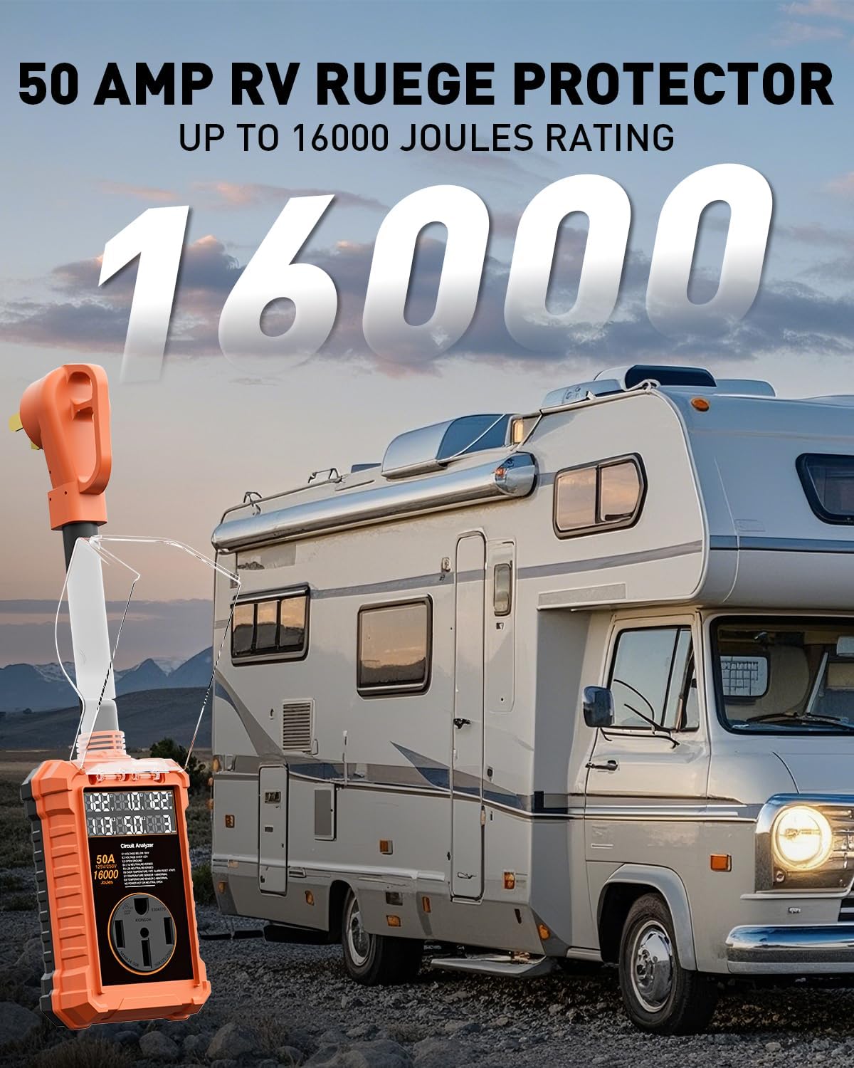 RV Surge Protector 50 Amp with Digital Display & Auto-Shutoff, 16,000J Circuit Analyzer, Real-Time Voltage Current KWH, Waterproof RV Power Surge Protector for Camper, Motorhomes