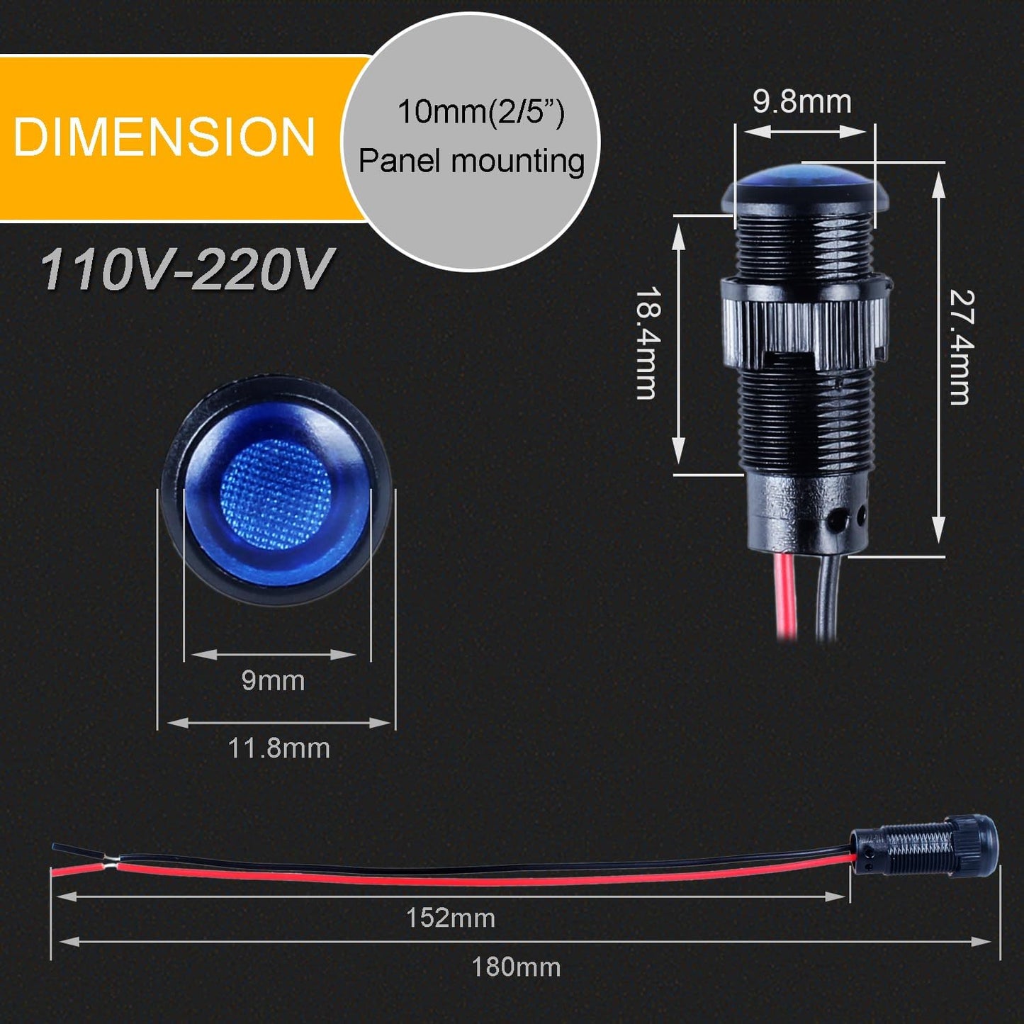 5pcs 10mm LED Indicator Light Plastic Black Signal Dot Lamp 110-220V AC 2/5" Mounting Hole Size with 15cm/5.9in. Wire (Blue LED)
