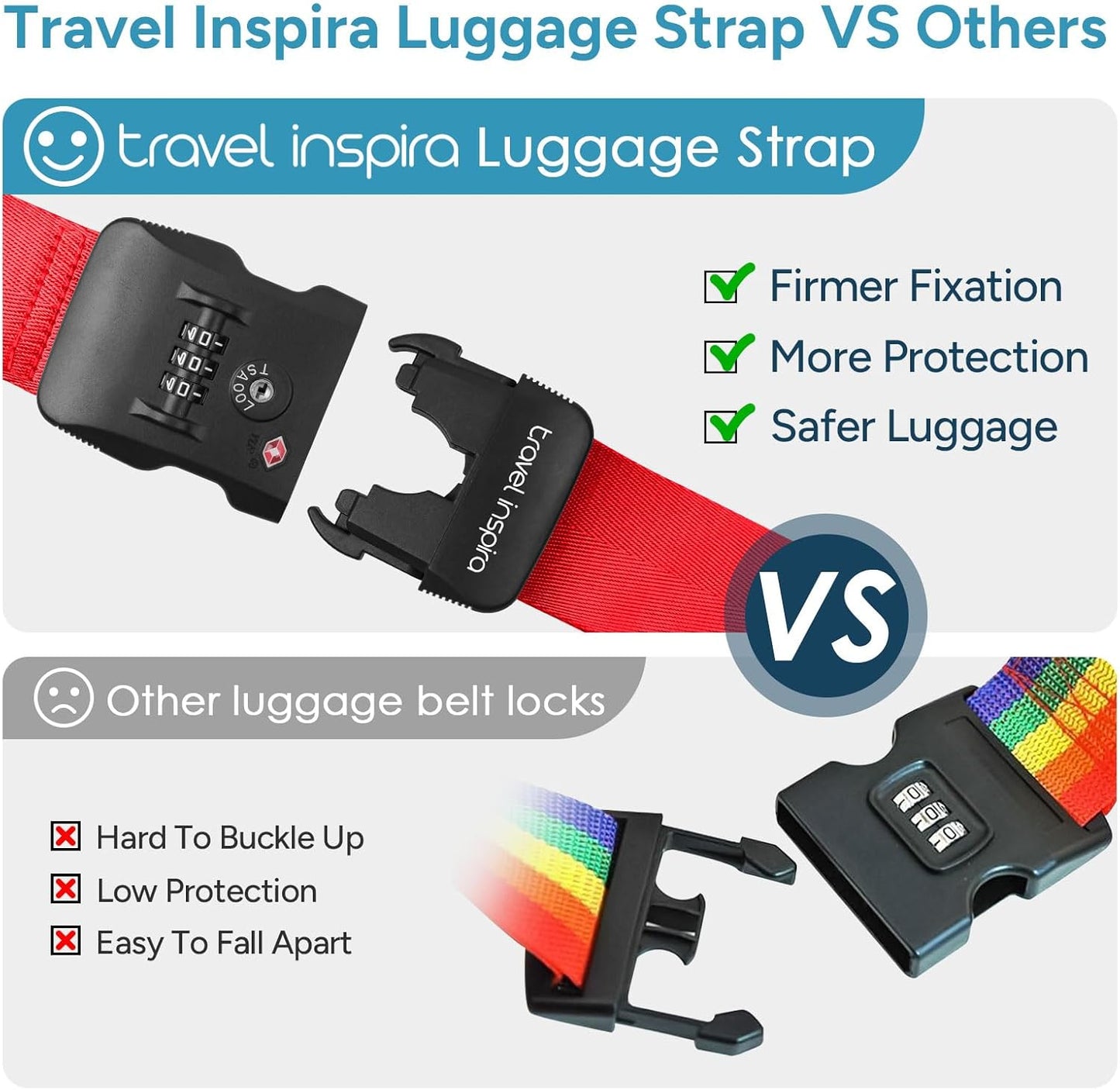 Travel Inspira TSA Lock Luggage Straps for Suitcases | Anti-Burst Protection, High Visibility Color, Easy Identification | Adjustable Heavy-Duty Belt for 20-32 Inch Suitcases