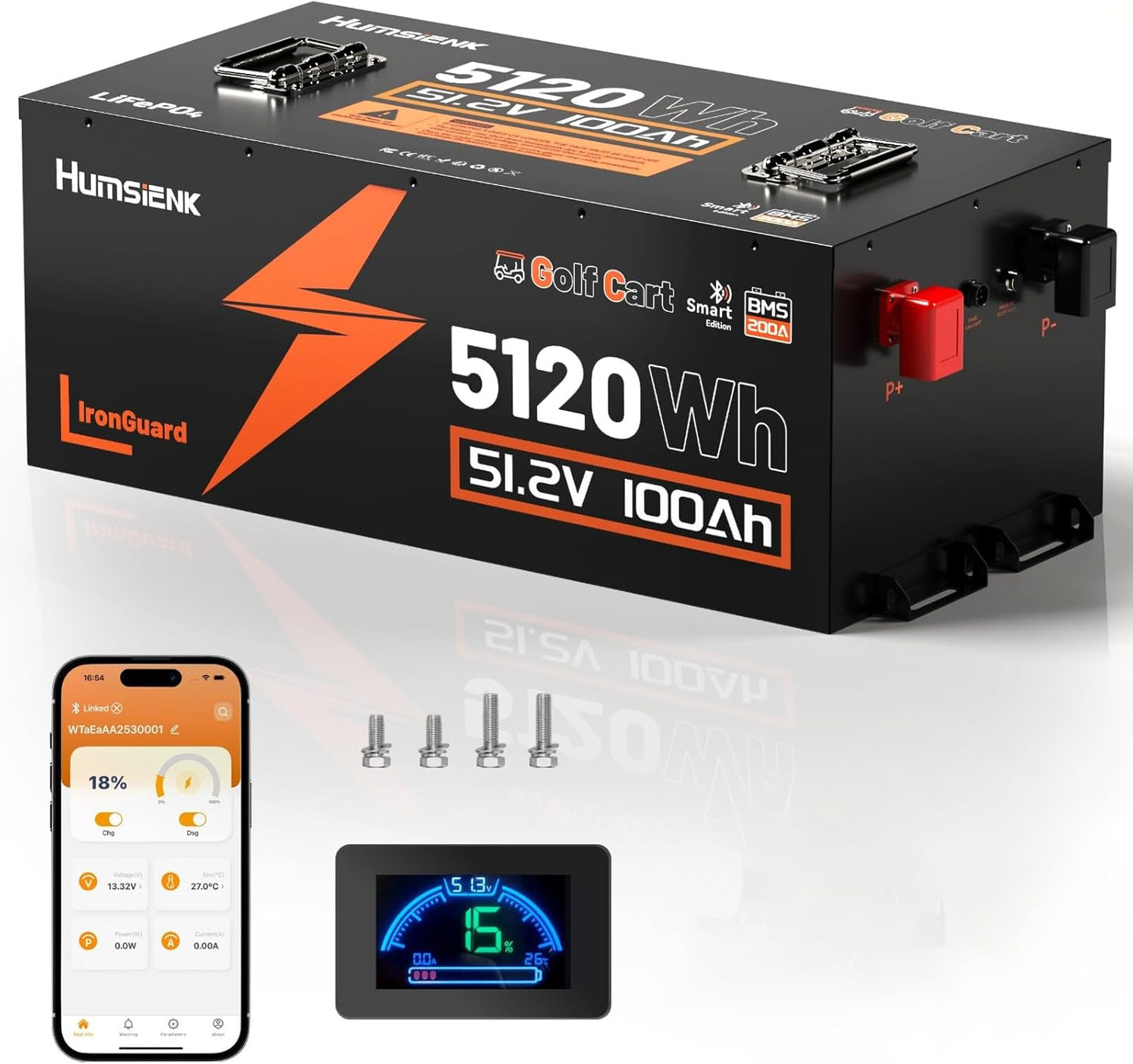 48V 100Ah Golf Cart Battery with Cylindrical Cell & Metal Casing, LiFePO4 Lithium Battery with Bluetooth APP & LCD Monitor, 15000+ Cycles, 200A BMS with Low-Temp Protection for Golf Carts