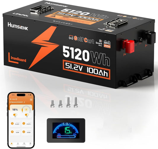 48V 100Ah Golf Cart Battery with Cylindrical Cell & Metal Casing, LiFePO4 Lithium Battery with Bluetooth APP & LCD Monitor, 15000+ Cycles, 200A BMS with Low-Temp Protection for Golf Carts
