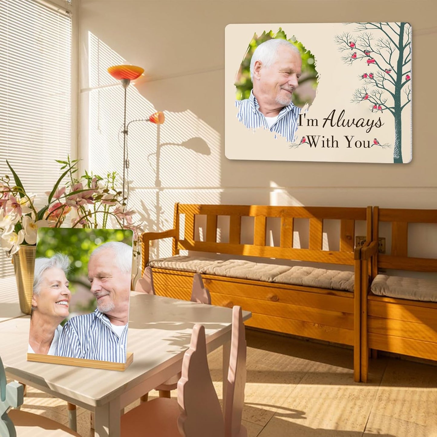 Custom Photo Prints - Metal Desktop Picture Frame with Photos & Text & Wooden Base Personalized Gifts for Family Lovers Pets and Friends, Optional Multiple Sizes