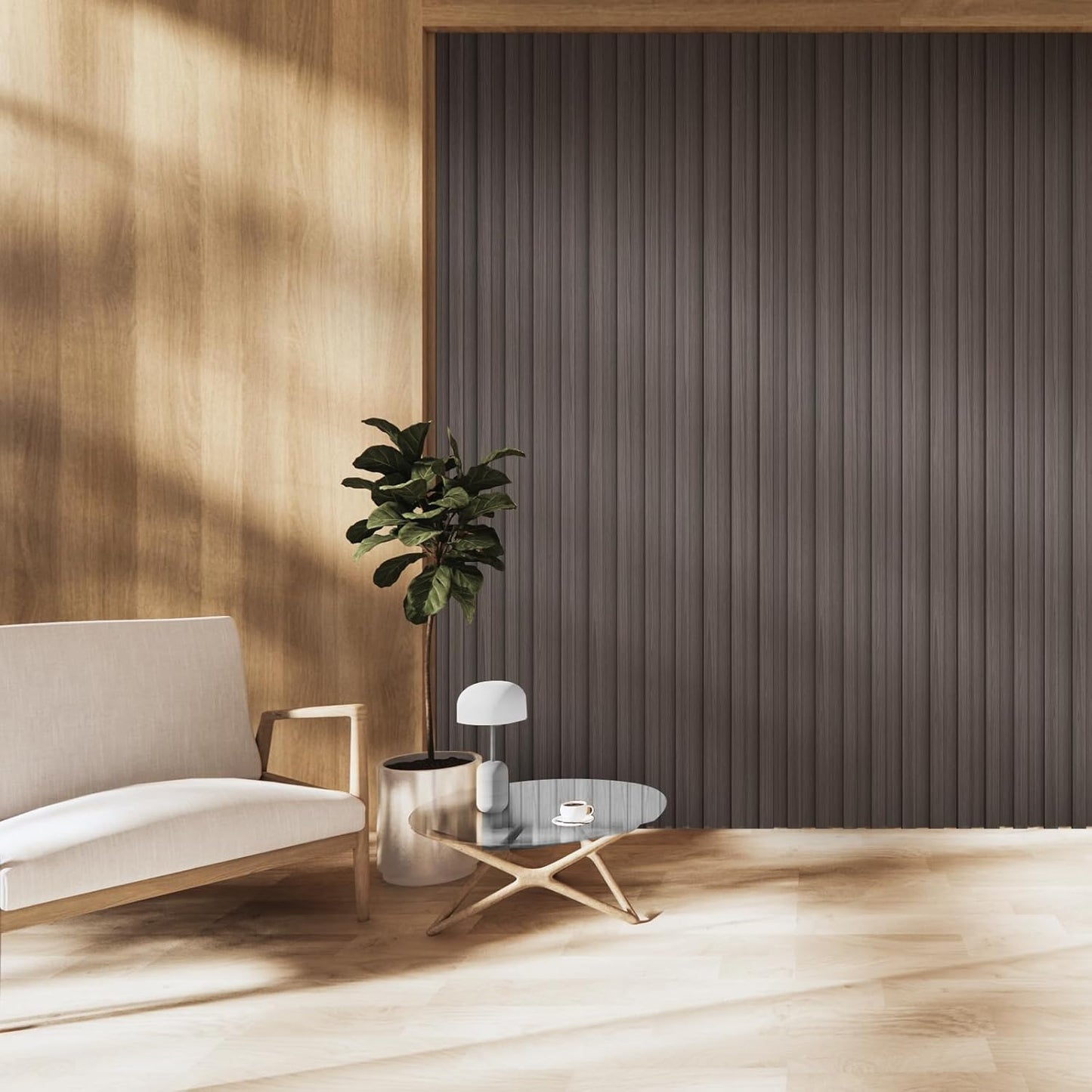 OUZUGIE WPC Acoustic Slat Wall Paneling, 8-Pack 114 x 6 Inches 3D Wall Panels for Interior Wall Decor,Living Room,TV Background,Study Room,Office Spaces,Bedroom,High Grille (Walnut)