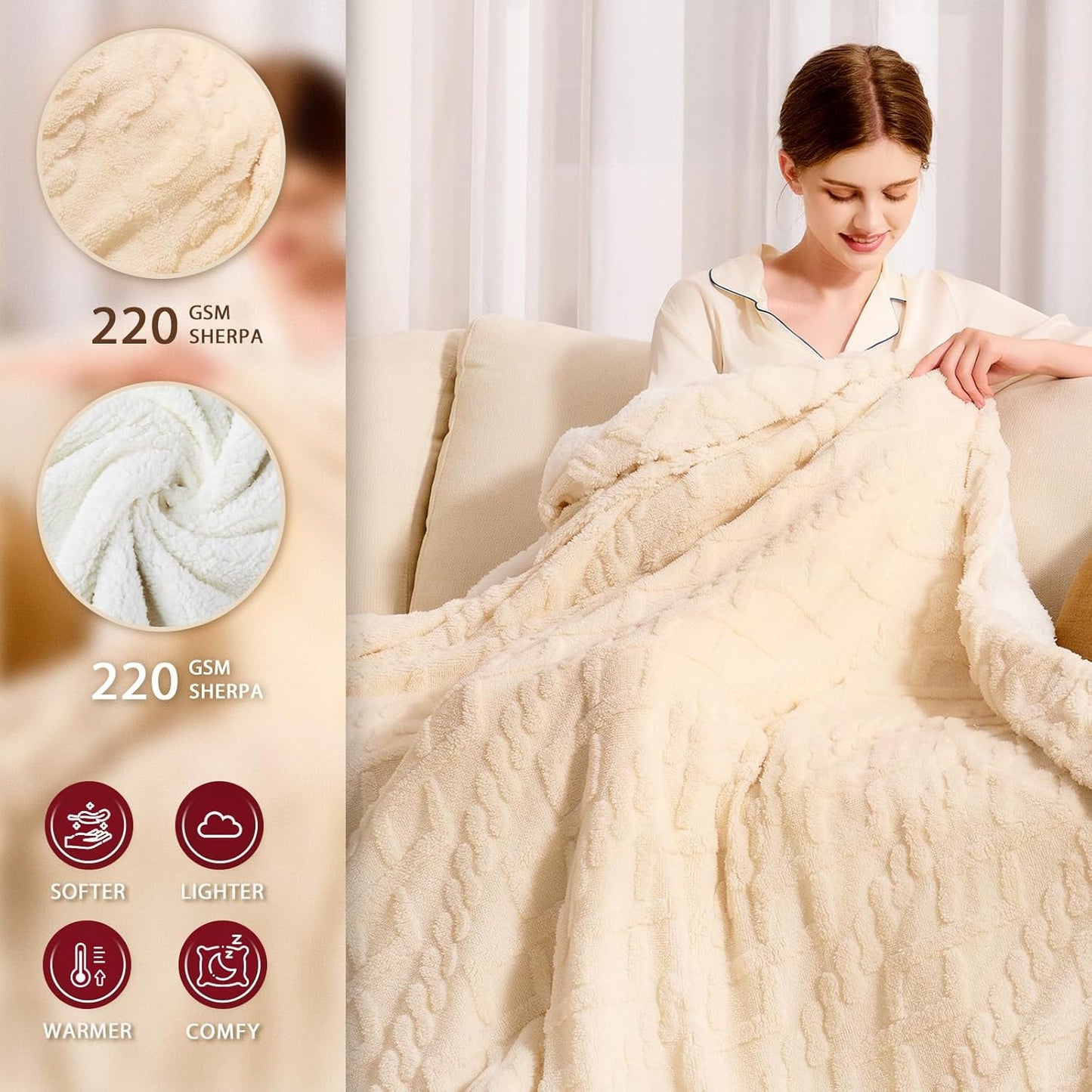 Heated Electric Blanket Queen Size-84"x90" Heating Blanket with 10 Heating Levels & 5 Time Settings Over-Heat Protection，Winter Warmer for Adults with ETL Certification（Cream）