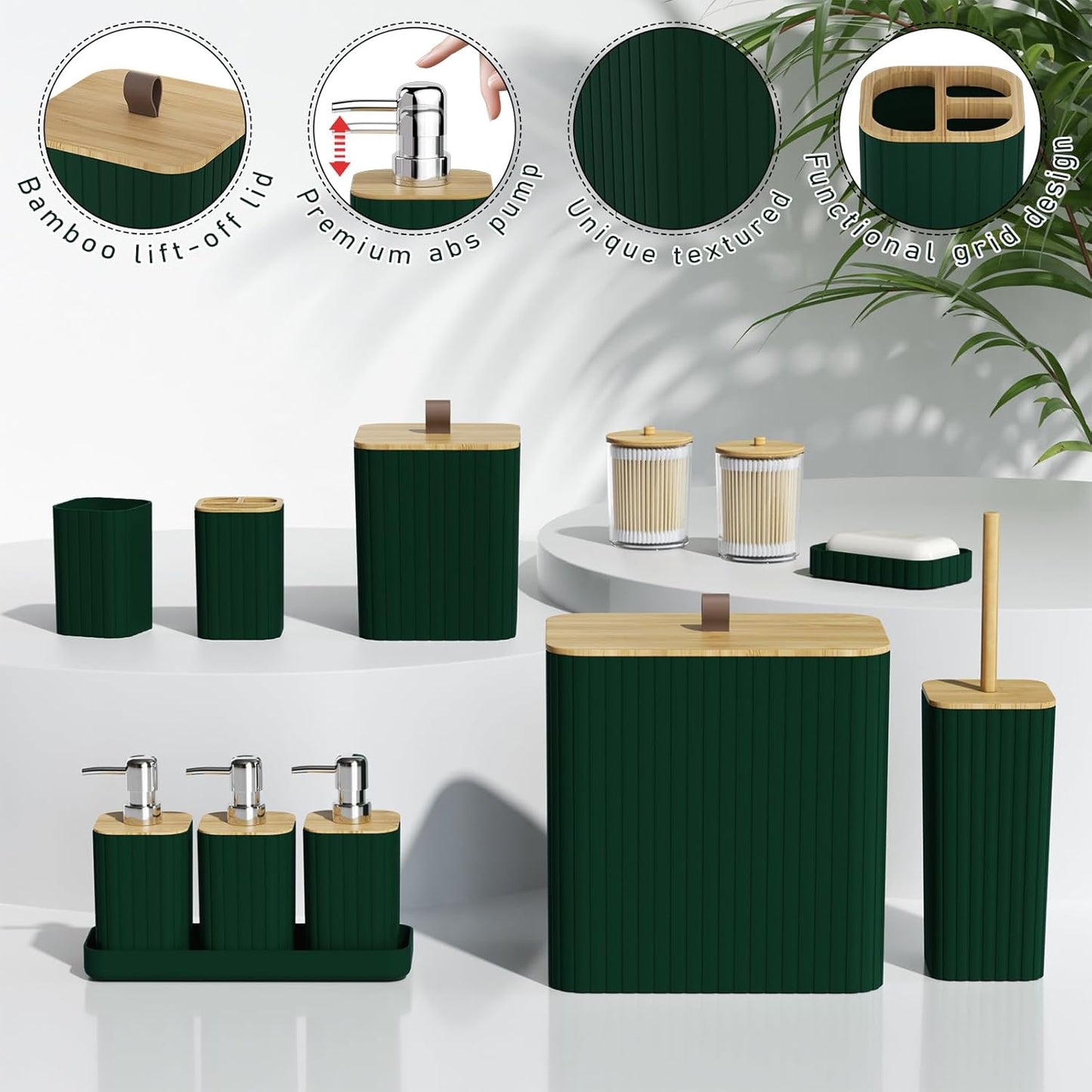 Bathroom Accessory Set - Dark Green Bathroom Set, 27PC Bathroom Accessories Set, Bathroom Sets with Shower Curtain and Rugs, Mini Trash Can, Toilet Brush, Trash Can & Soap Dispenser
