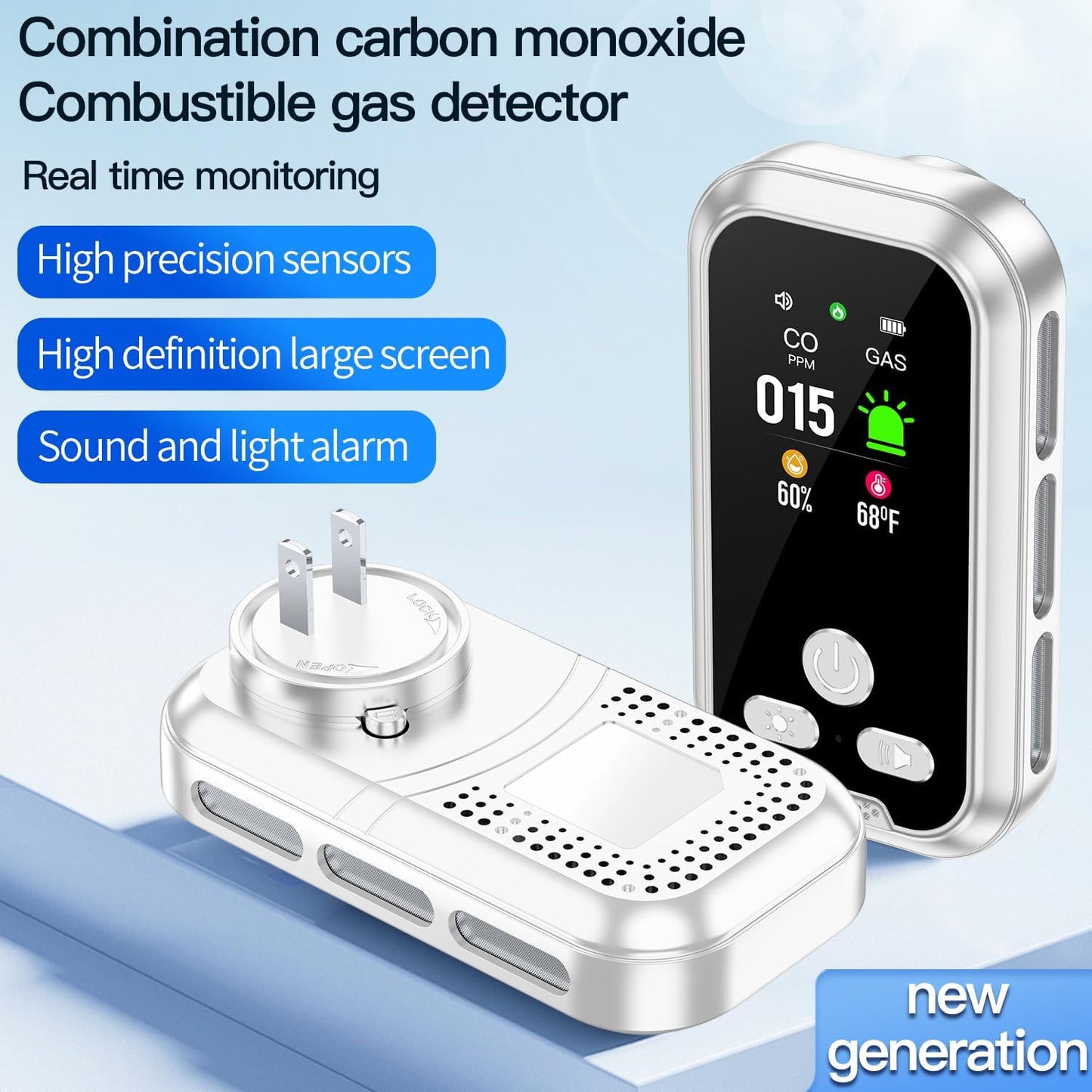 4IN1 Plug in Natural Gas & Carbon Monoxide Detectors Combination Builti-in 2000 mAh Backup Battery HD Screen [Propane Methane Gas CO Temp Humidity Sensor] Alarm for Home Hotel RV (White)
