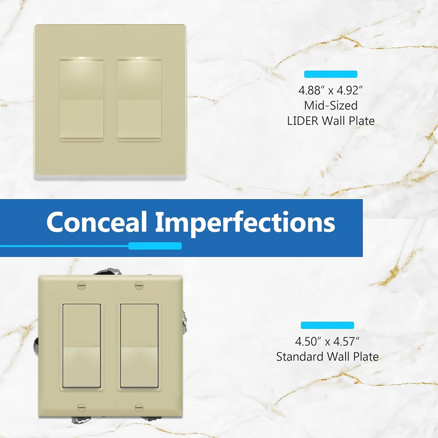 LIDER Matte Finish Double Decorator Switch Cover, Screwless Wall Plate, Mid-Size 2-Gang 4.88" x 4.92", Unbreakable Polycarbonate Thermoplastic, UL Listed, LSWP-32M-I10P, Ivory