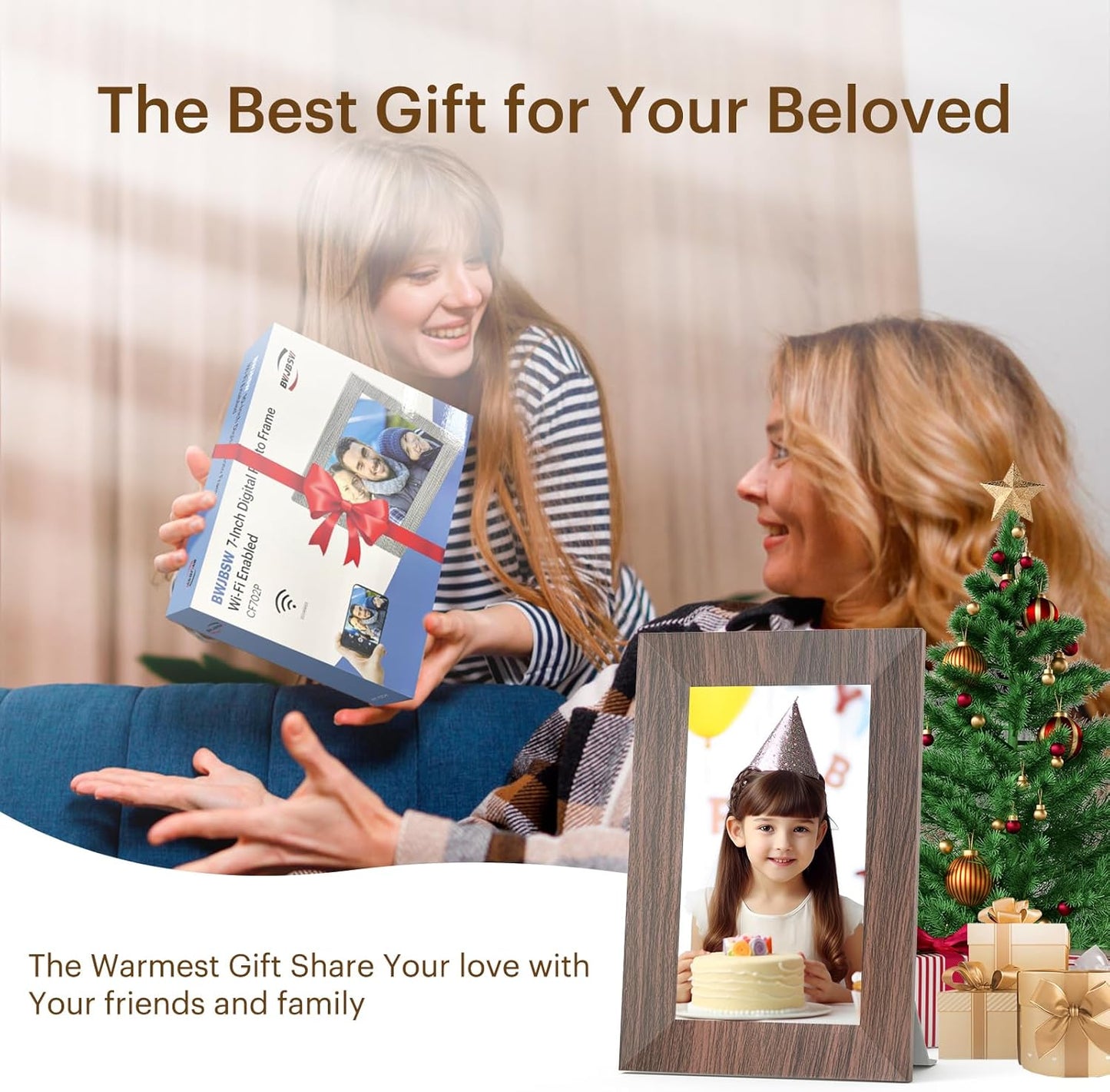 7” Digital Picture Frame with 32GB Storage, WiFi Digital Photo Frame 1024x600 HD IPS Touchscreen, Easy Setup for Photo & Video Sharing via Free App, Light Brown Wood Grain