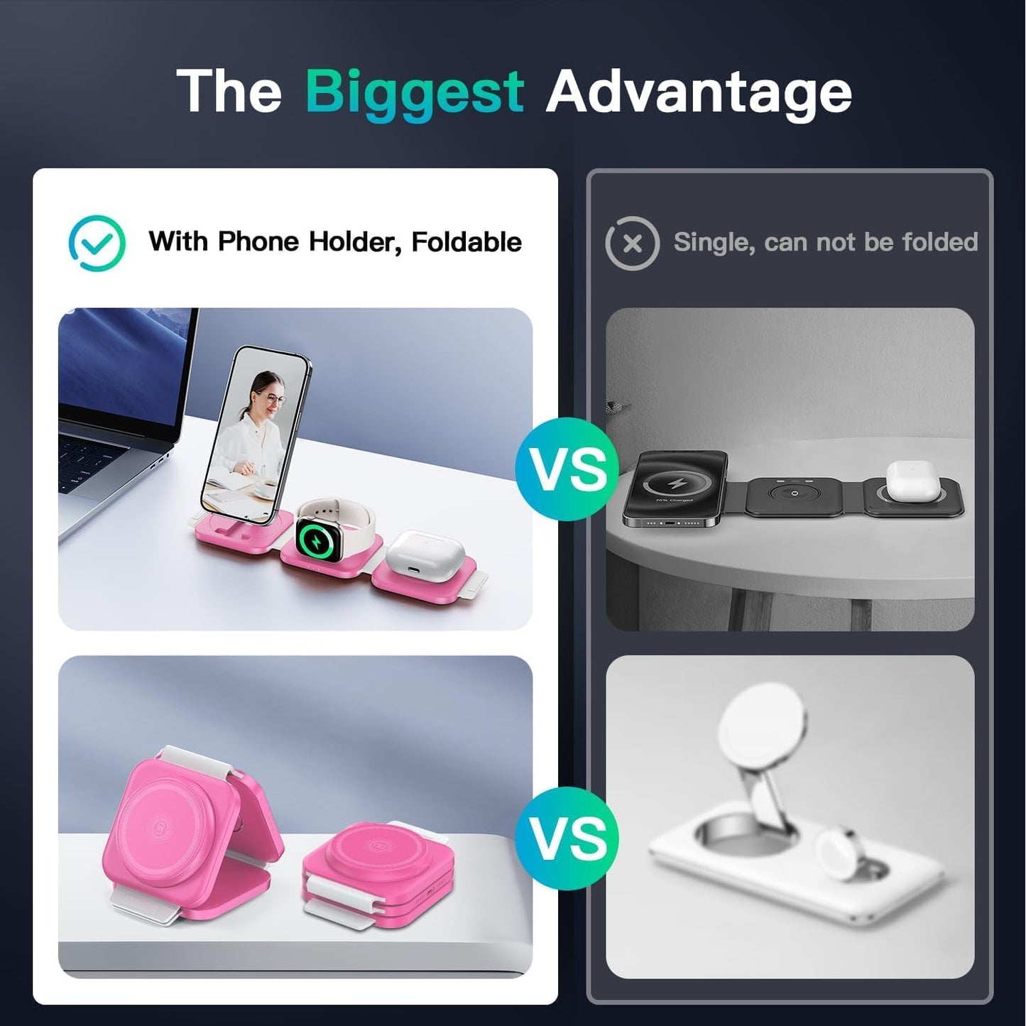 JARGOU 3 in 1 Magnetic Wireless Charger, Fast Charging Station for iPhone 16/15/14/13/12 Series, Travel Charger for Multiple Devices for AirPods 4/3/2/Pro, Charging Stand for Apple Watch Series (Pink)