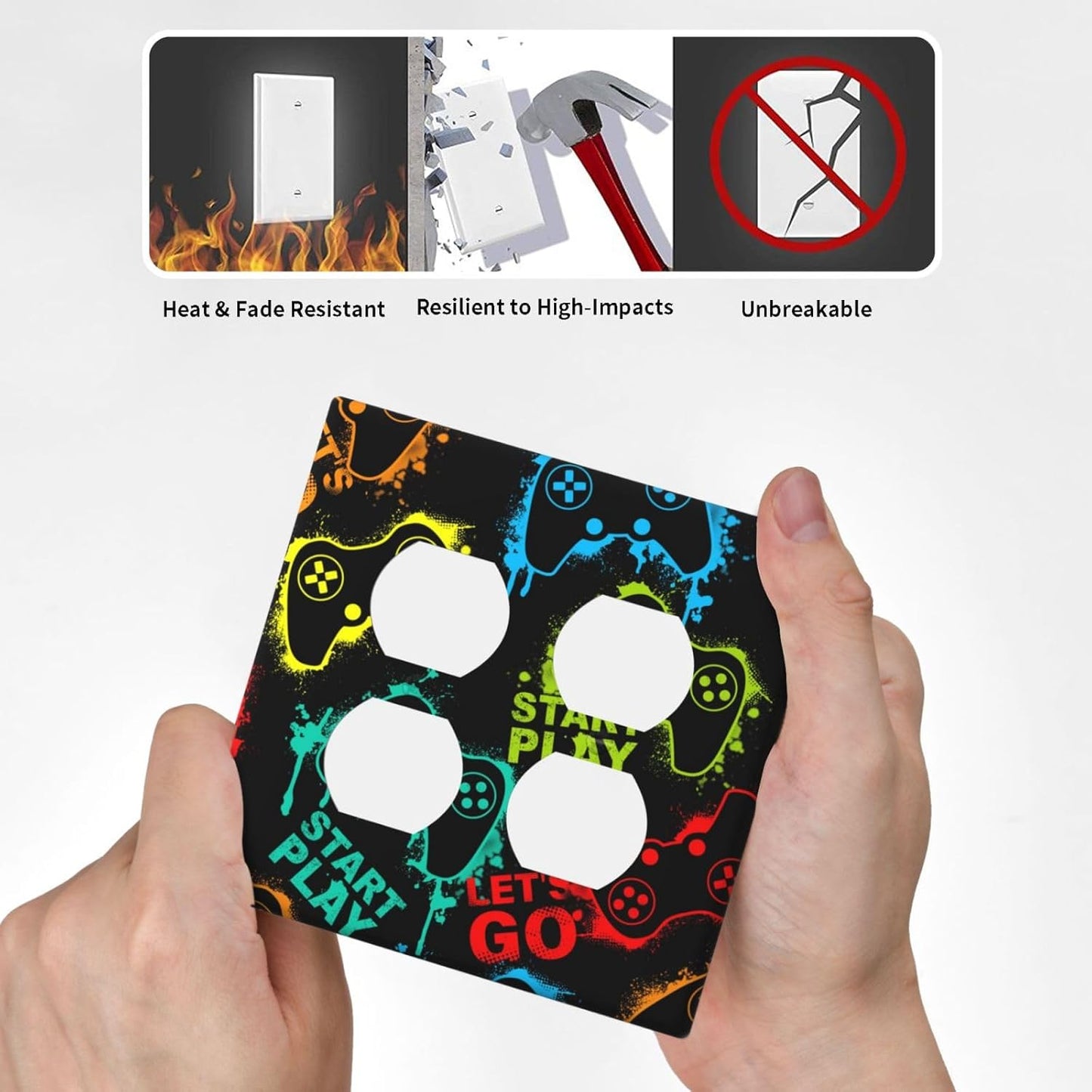 Decorative Outlet Covers Gamepad Theme Graffiti 2 Gang Wall Plate Double Duplex Light Switch Cover Switch Plate Covers Faceplate for Game Room Bedroom Home Decor